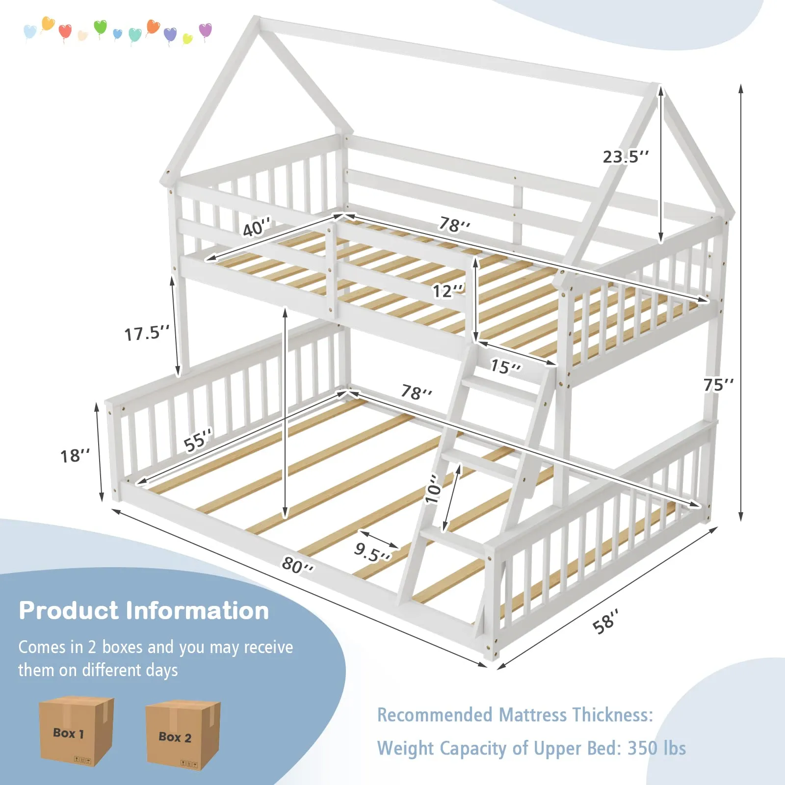 Giantex Twin Over Full House Bunk Bed, Floor Low Bunk Bed Frame w/Integrated Ladder & Safety Guardrails
