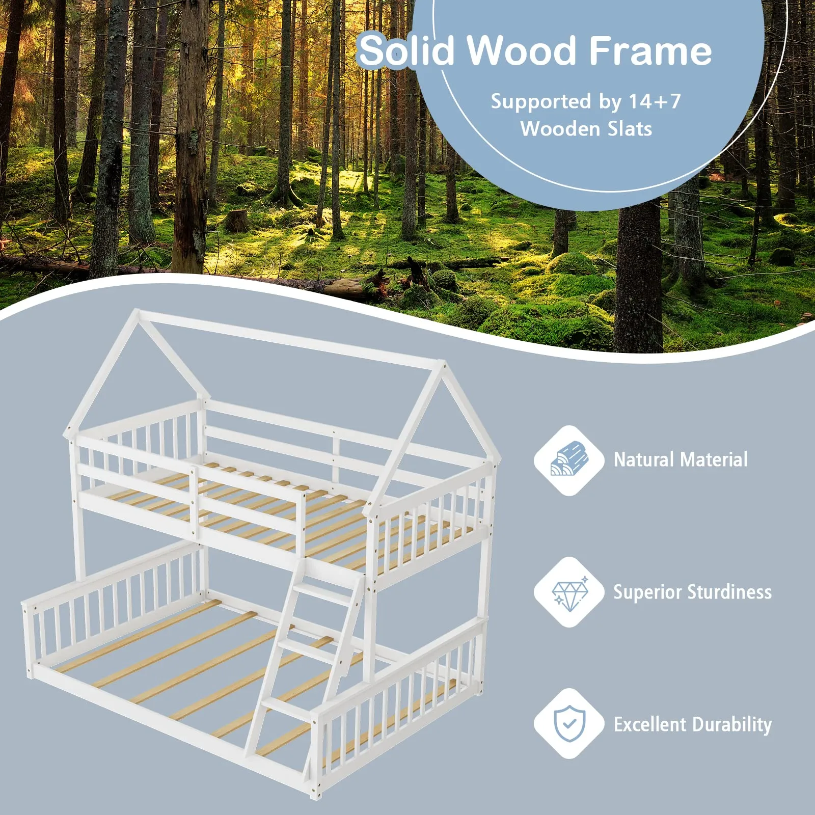 Giantex Twin Over Full House Bunk Bed, Floor Low Bunk Bed Frame w/Integrated Ladder & Safety Guardrails