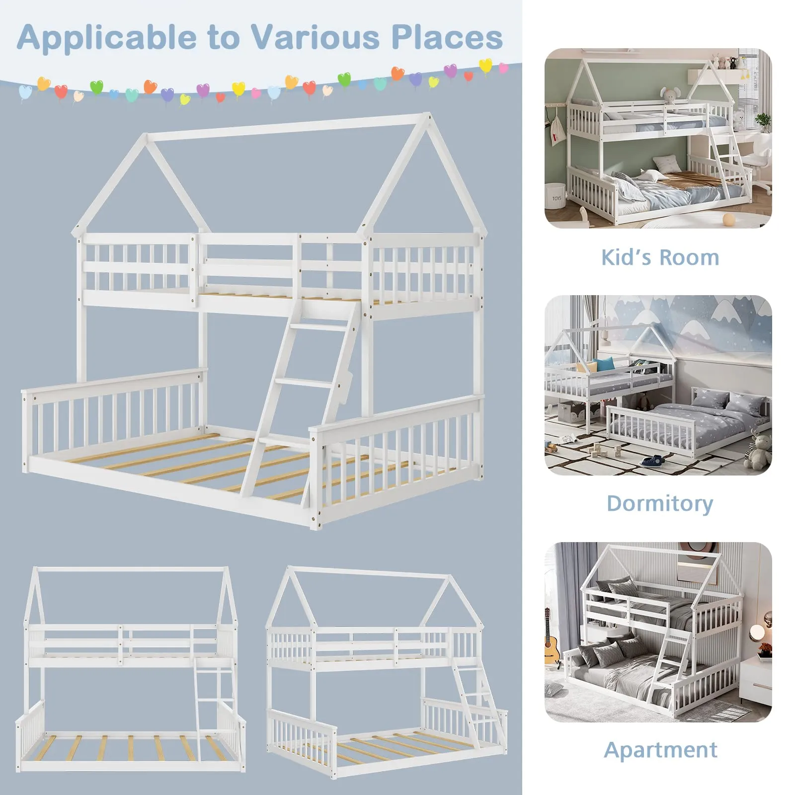 Giantex Twin Over Full House Bunk Bed, Floor Low Bunk Bed Frame w/Integrated Ladder & Safety Guardrails