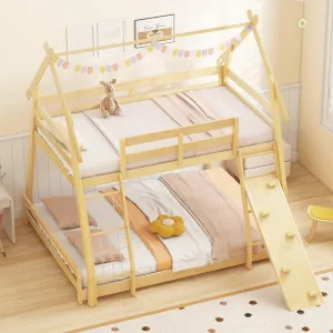 Giantex Twin Over Queen Bunk Bed, Wood House Bunk Bed for Kids with Climbing Nets and Ramp bed frame, queen bed