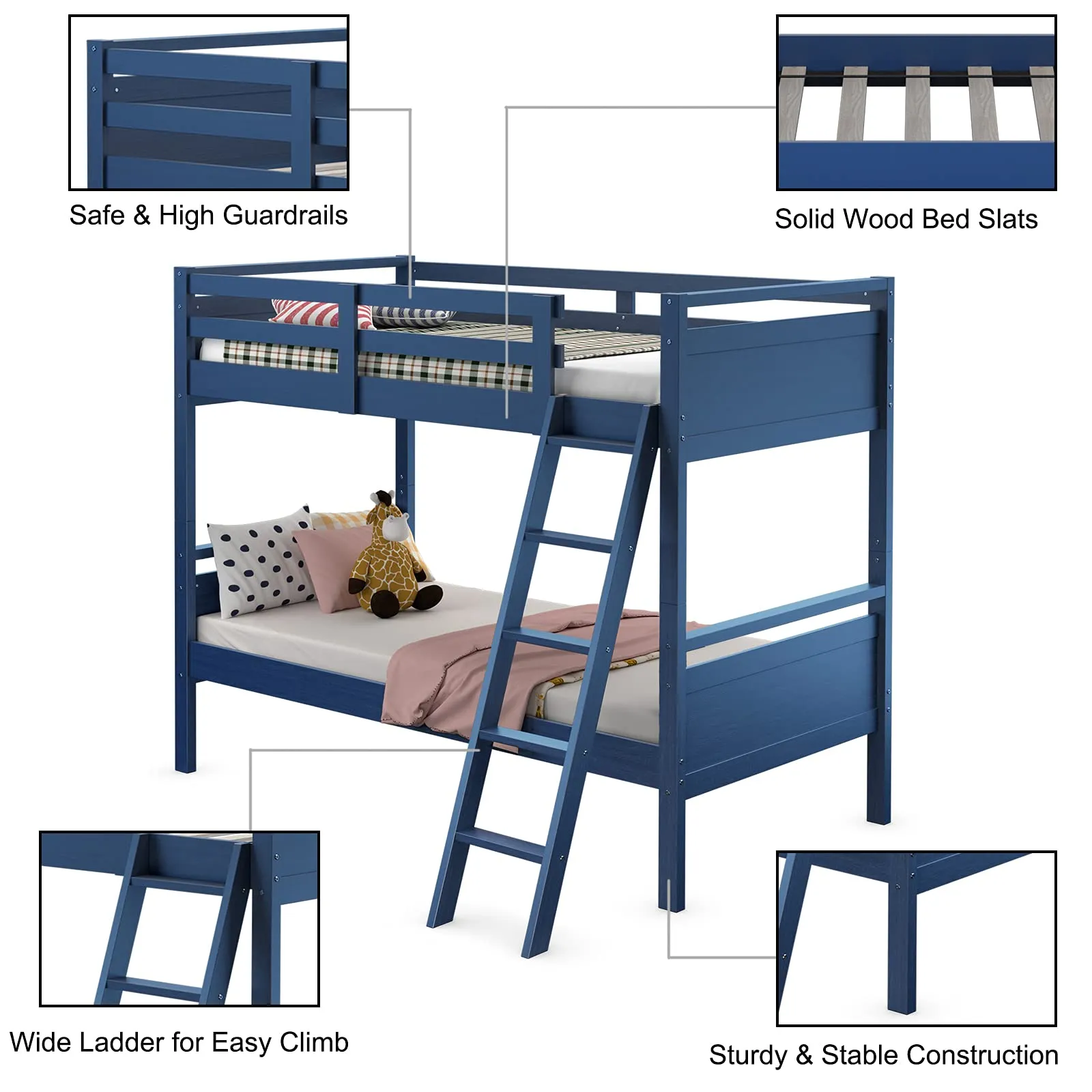 Giantex Twin Over Twin Bunk Bed, Solid Wood Twin Bunk Bed Convertible Into Two Individual Beds