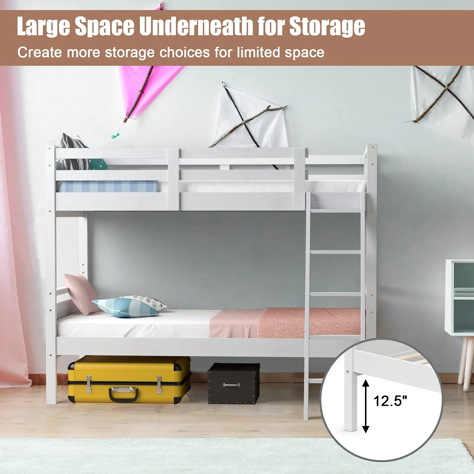 Giantex Twin Over Twin Bunk Bed, Solid Wood Twin Bunk Bed Convertible Into Two Individual Beds