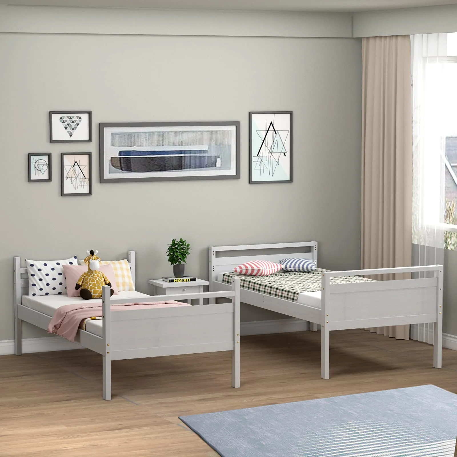 Giantex Twin Over Twin Bunk Bed, Solid Wood Twin Bunk Bed Convertible Into Two Individual Beds