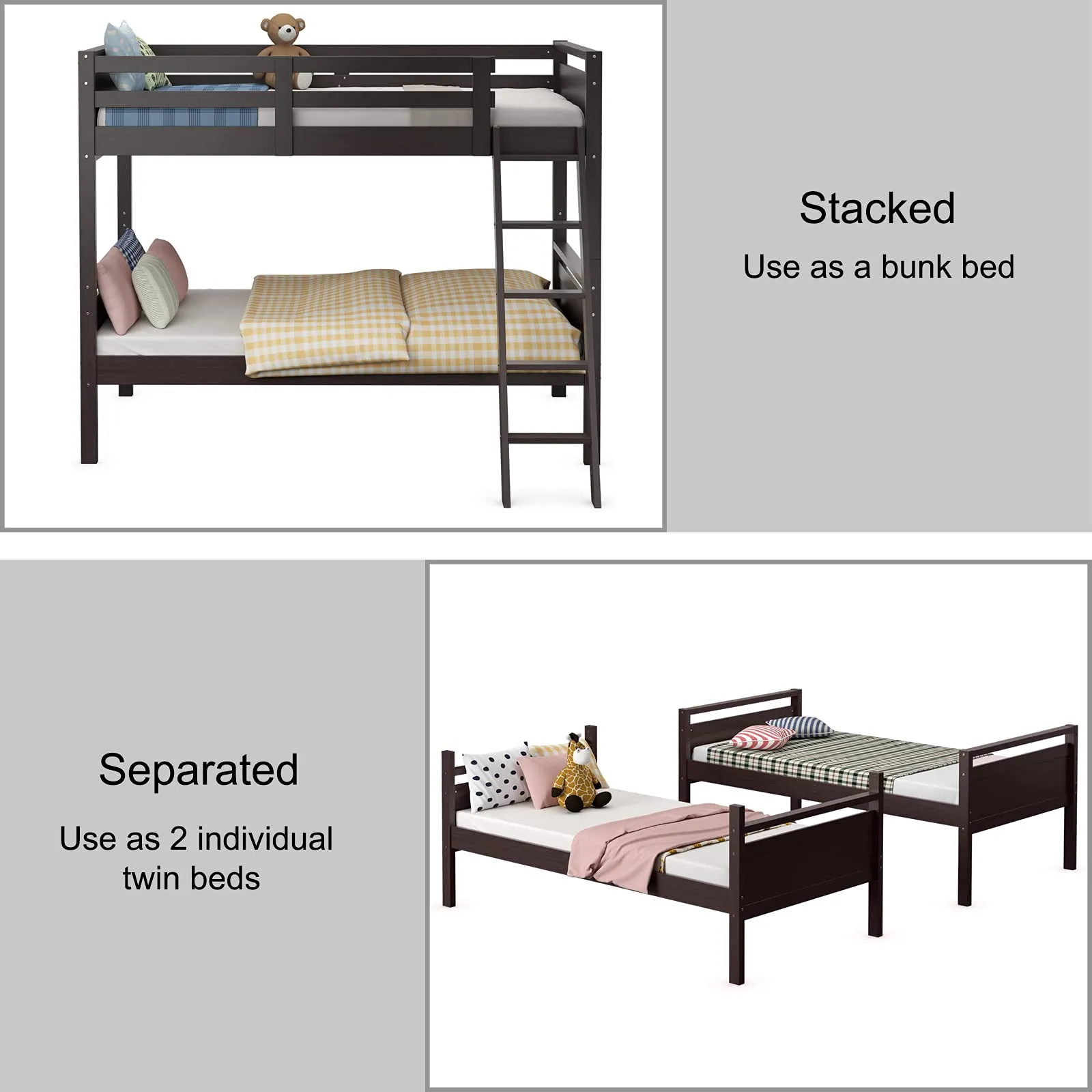 Giantex Twin Over Twin Bunk Bed, Solid Wood Twin Bunk Bed Convertible Into Two Individual Beds
