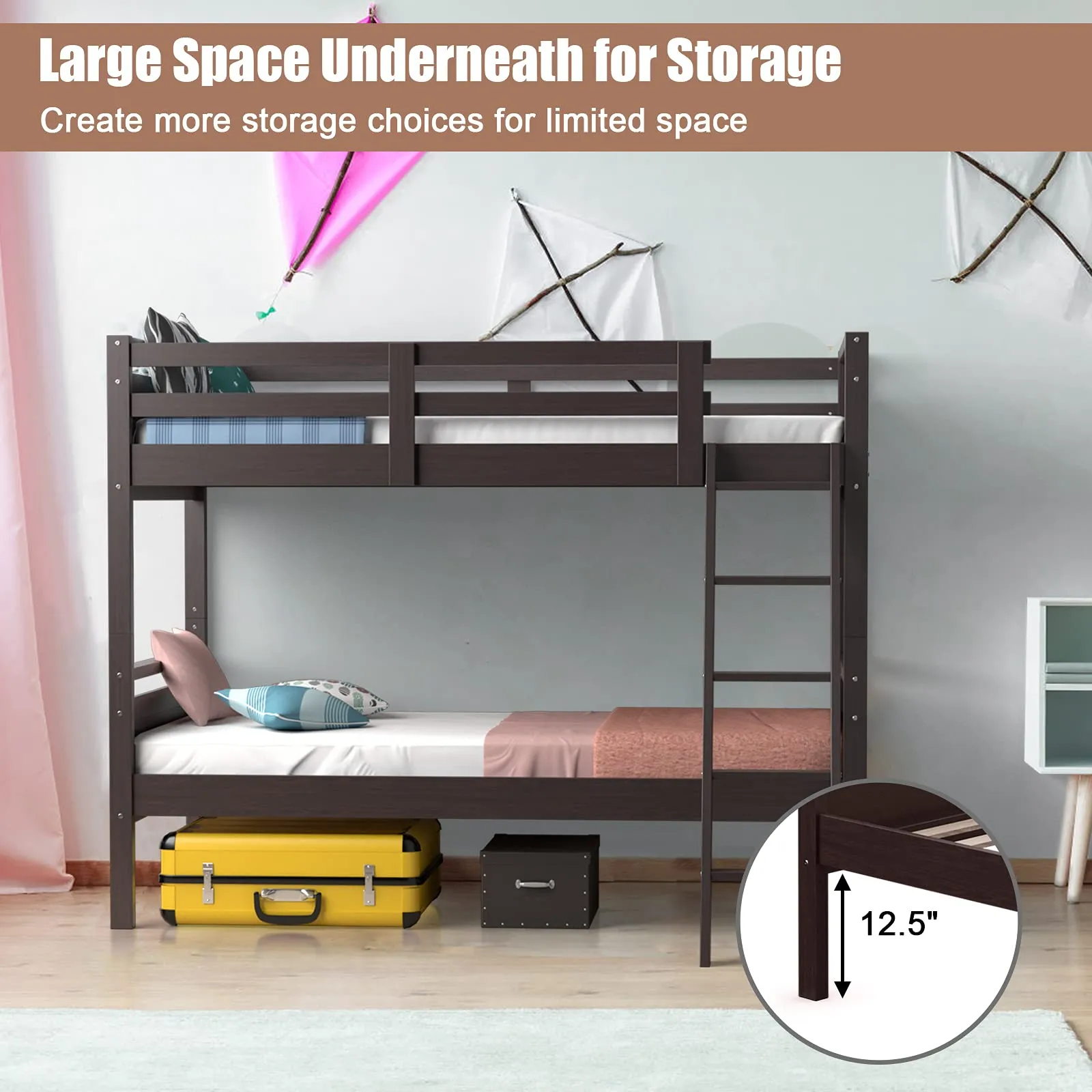 Giantex Twin Over Twin Bunk Bed, Solid Wood Twin Bunk Bed Convertible Into Two Individual Beds