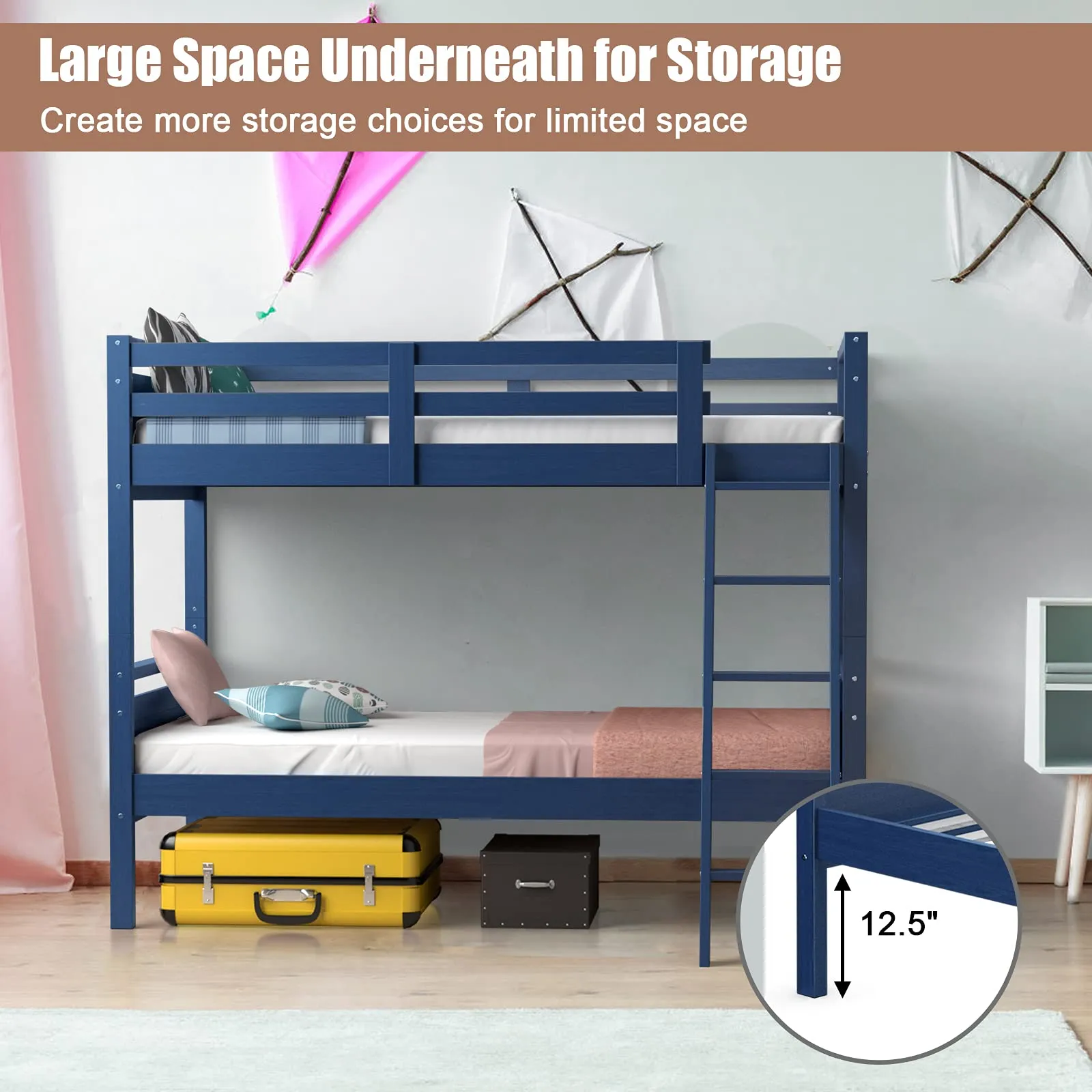 Giantex Twin Over Twin Bunk Bed, Solid Wood Twin Bunk Bed Convertible Into Two Individual Beds