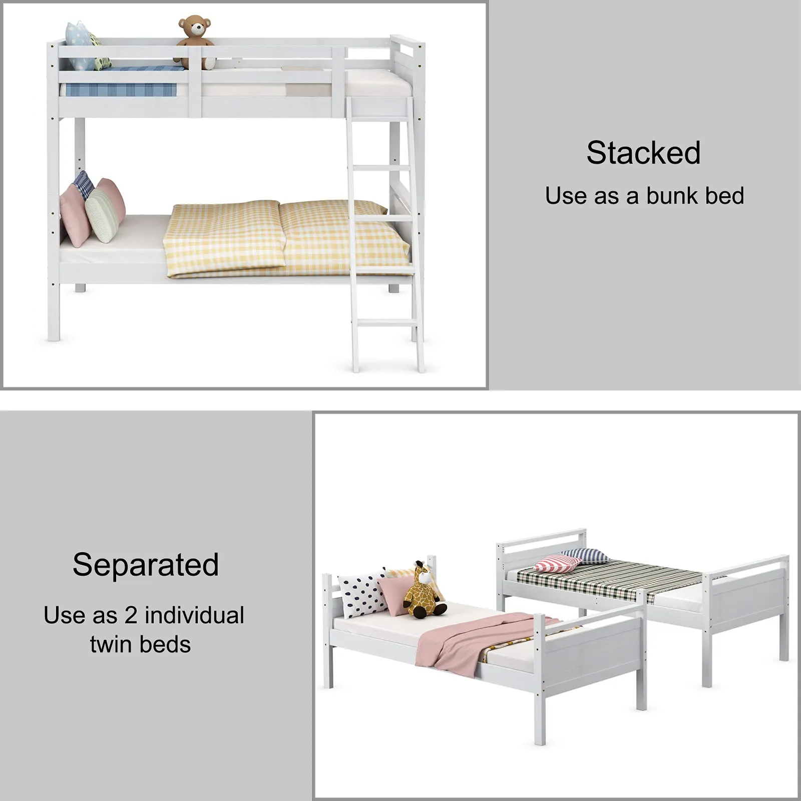 Giantex Twin Over Twin Bunk Bed, Solid Wood Twin Bunk Bed Convertible Into Two Individual Beds