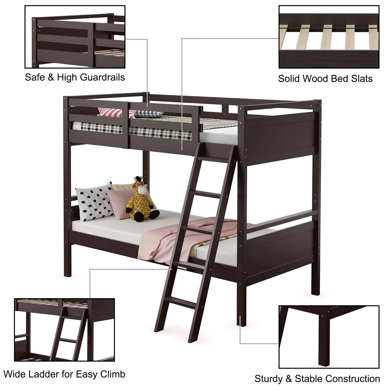 Giantex Twin Over Twin Bunk Bed, Solid Wood Twin Bunk Bed Convertible Into Two Individual Beds