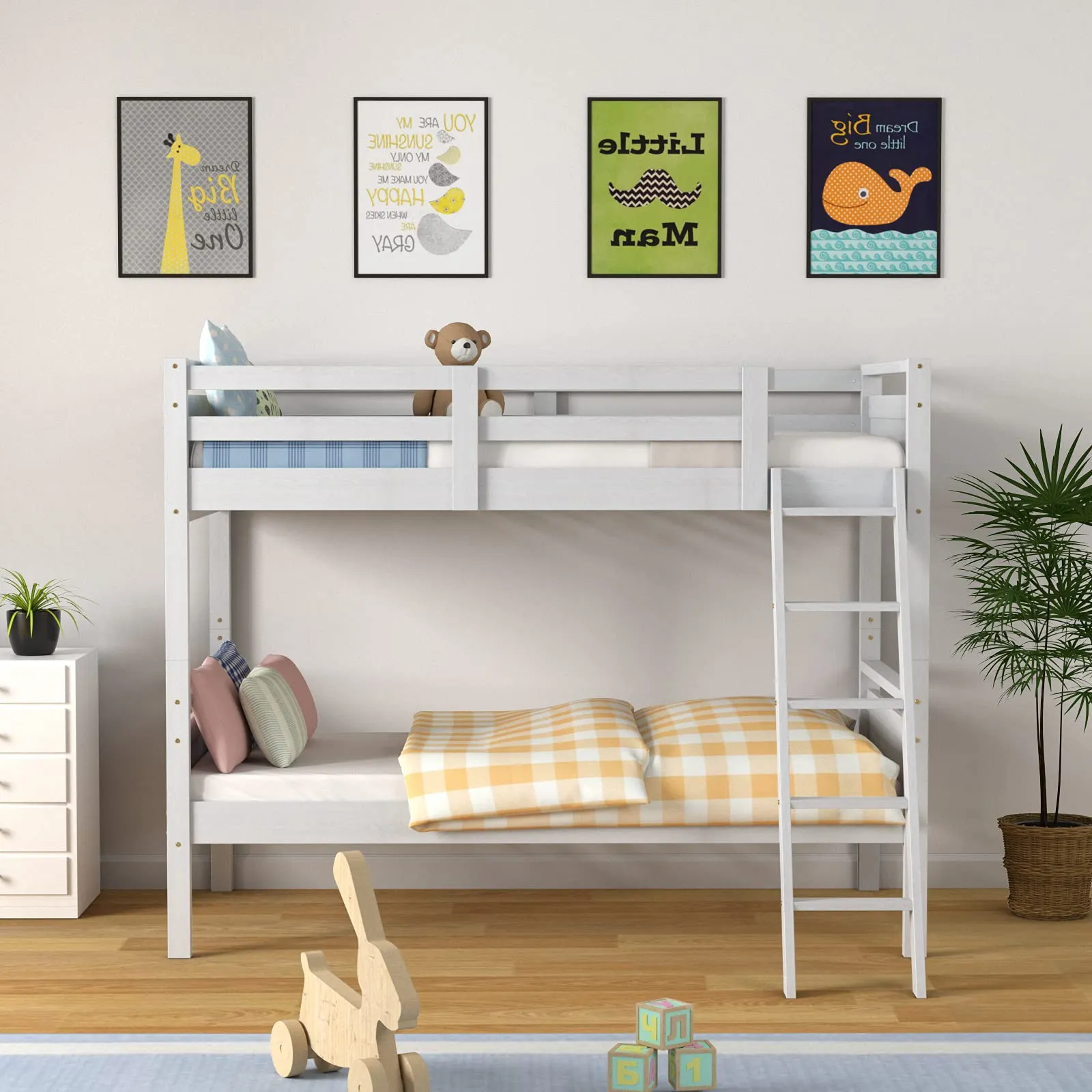 Giantex Twin Over Twin Bunk Bed, Solid Wood Twin Bunk Bed Convertible Into Two Individual Beds