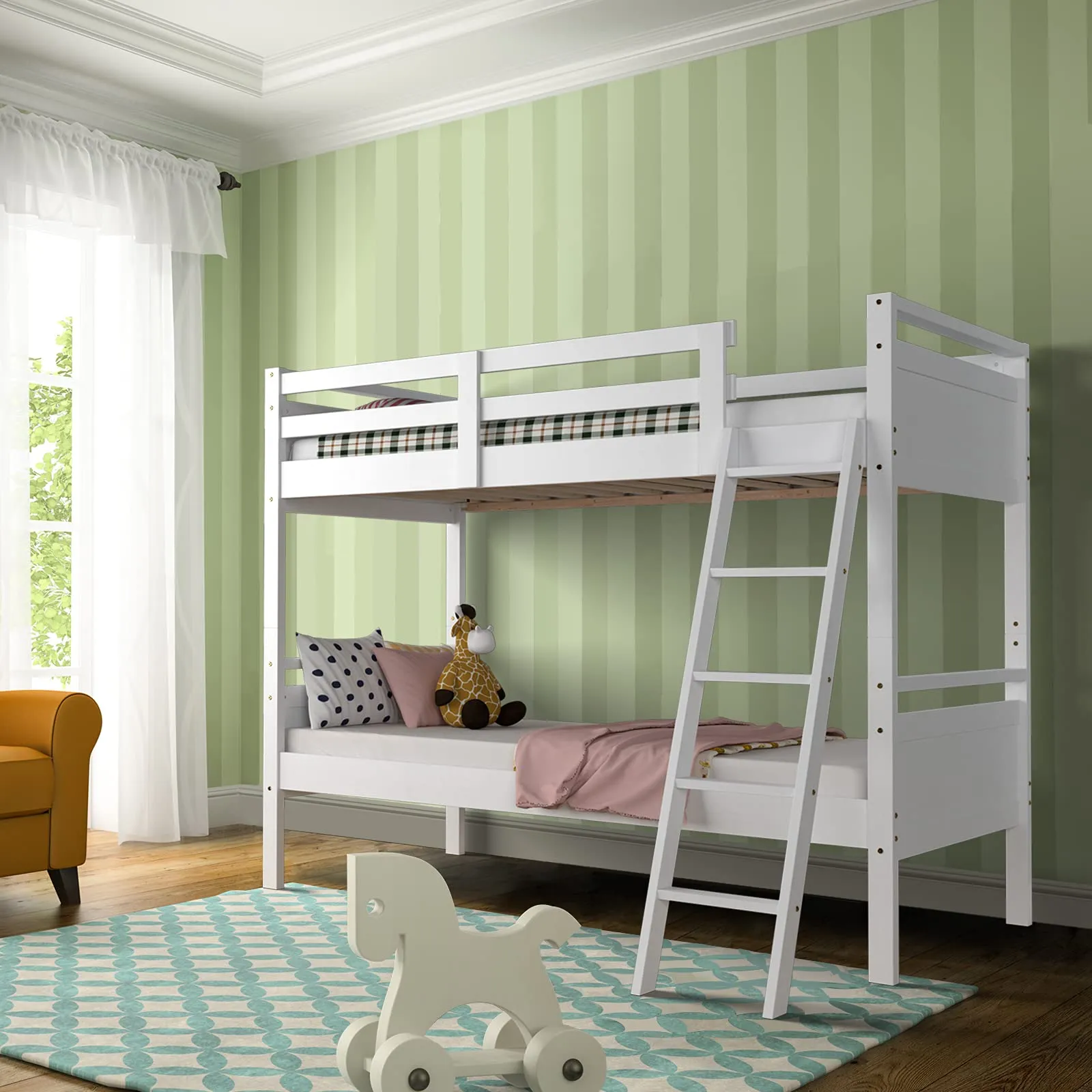 Giantex Twin Over Twin Bunk Bed, Solid Wood Twin Bunk Bed Convertible Into Two Individual Beds