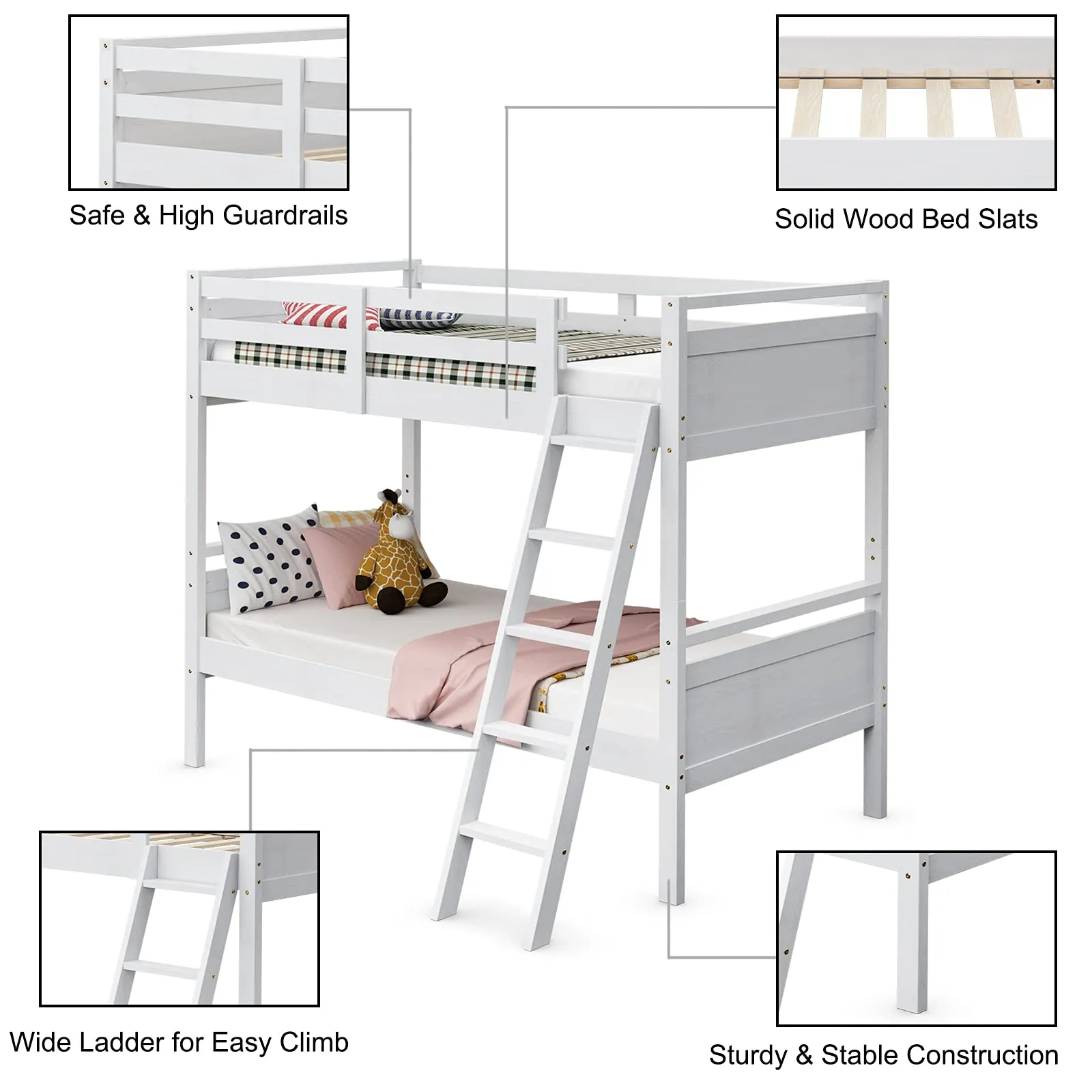Giantex Twin Over Twin Bunk Bed, Solid Wood Twin Bunk Bed Convertible Into Two Individual Beds