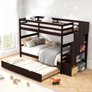 Giantex Twin Over Twin Bunk Bed with Trundle and Storage Stairs, Solid Wood Bunk Bed Convertible 3 Bed Frames for Bedroom bed frame, queen bed