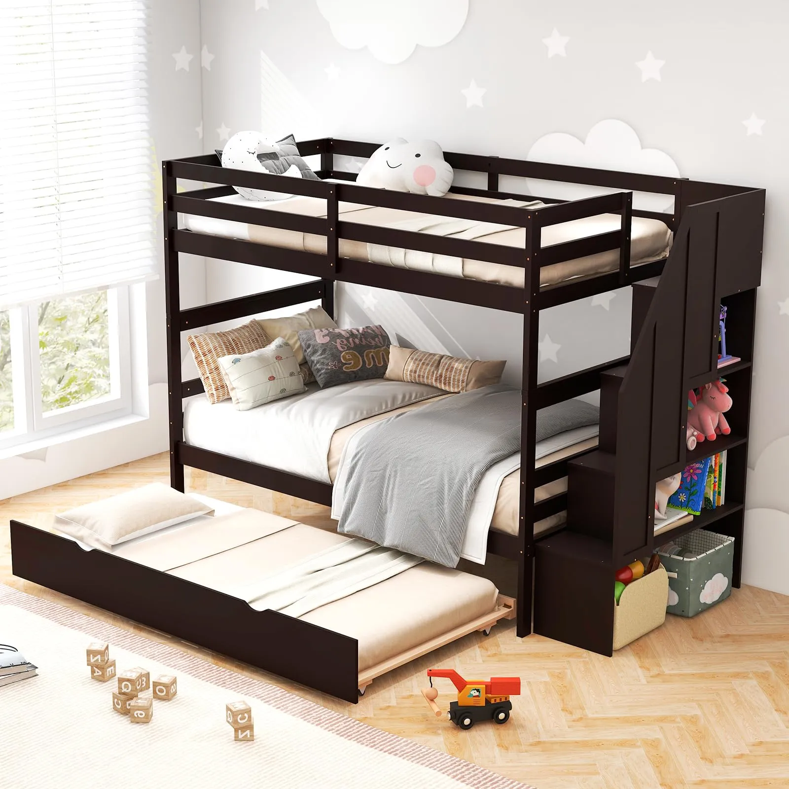 Giantex Twin Over Twin Bunk Bed with Trundle and Storage Stairs, Solid Wood Bunk Bed Convertible 3 Bed Frames for Bedroom bed frame, queen bed