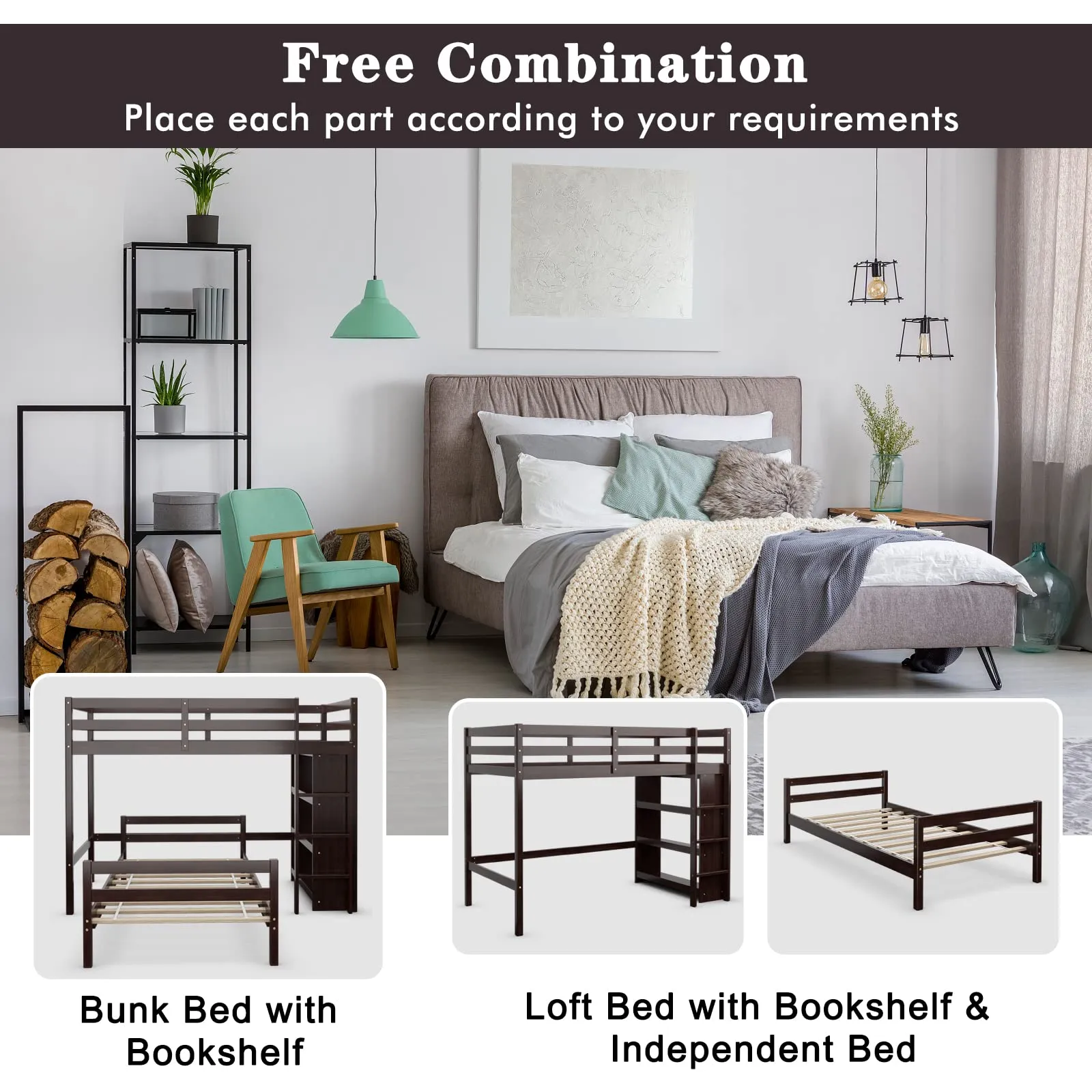 Giantex Twin Over Twin Loft Bed w/ Bookcase, Bunk Bed w/ 12.5" Full-Length Guardrail & Ladder