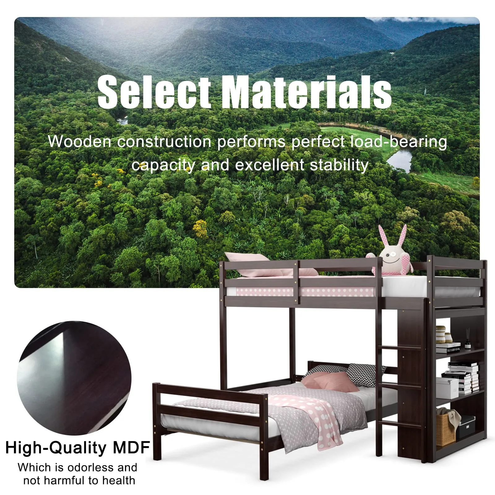 Giantex Twin Over Twin Loft Bed w/ Bookcase, Bunk Bed w/ 12.5" Full-Length Guardrail & Ladder
