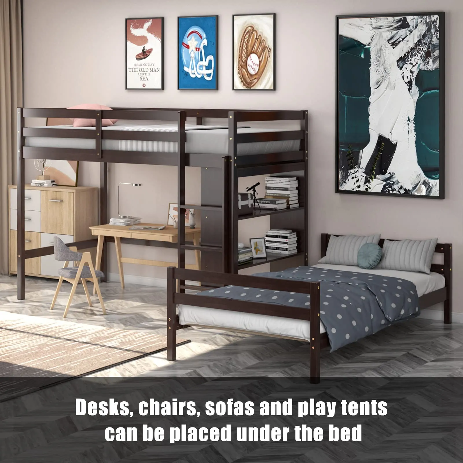 Giantex Twin Over Twin Loft Bed w/ Bookcase, Bunk Bed w/ 12.5" Full-Length Guardrail & Ladder