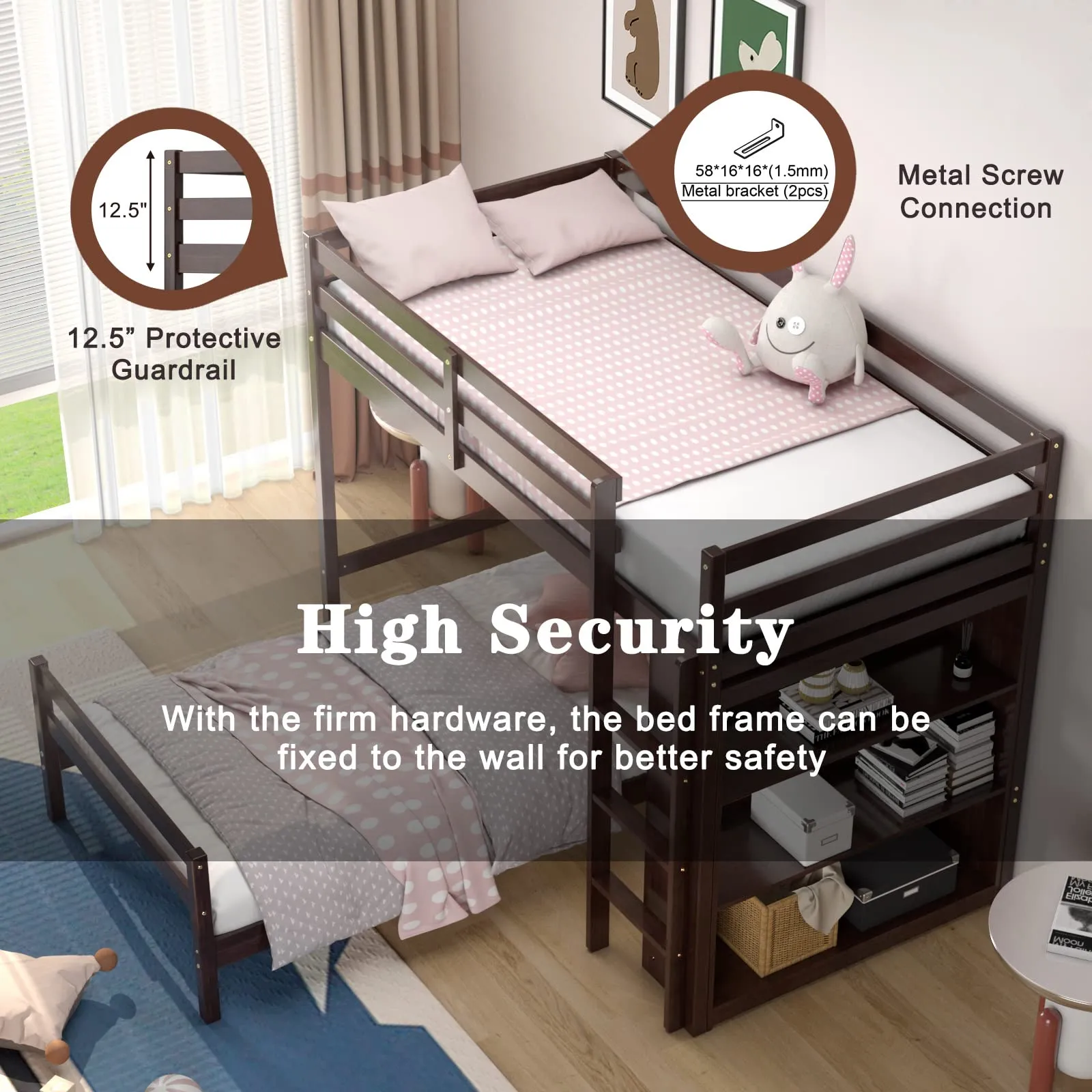 Giantex Twin Over Twin Loft Bed w/ Bookcase, Bunk Bed w/ 12.5" Full-Length Guardrail & Ladder