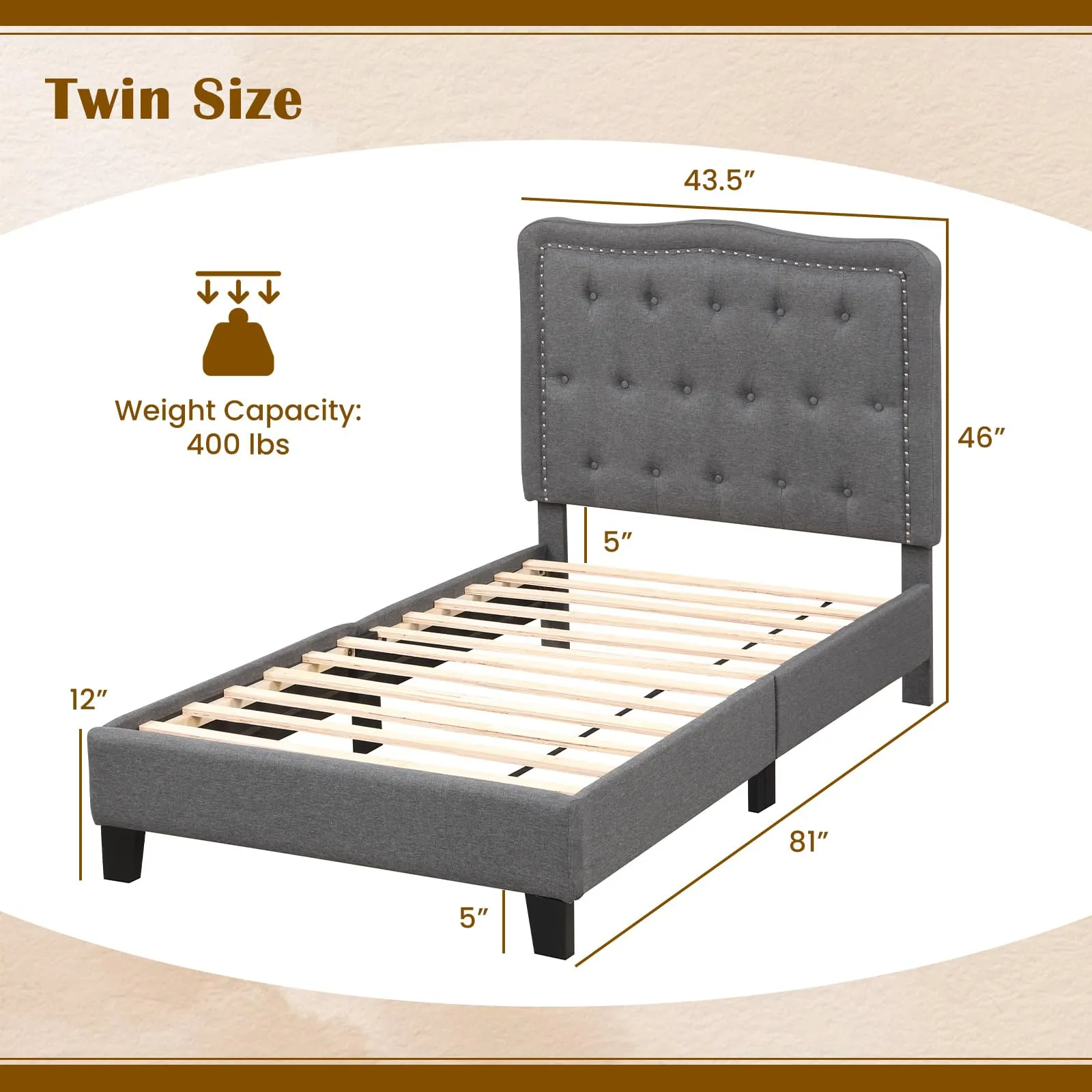 Giantex Twin Size Bed Frame, Modern Linen Upholstered Platform Bed w/ 46" Tall Button Tufted Headboard