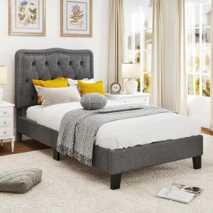 Giantex Twin Size Bed Frame, Modern Linen Upholstered Platform Bed w/ 46" Tall Button Tufted Headboard bed frame, queen bed