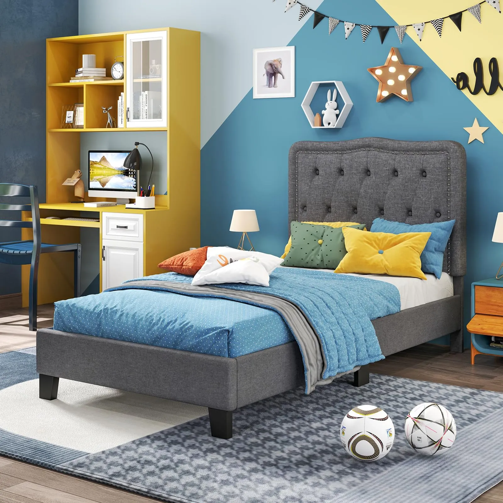 Giantex Twin Size Bed Frame, Modern Linen Upholstered Platform Bed w/ 46" Tall Button Tufted Headboard