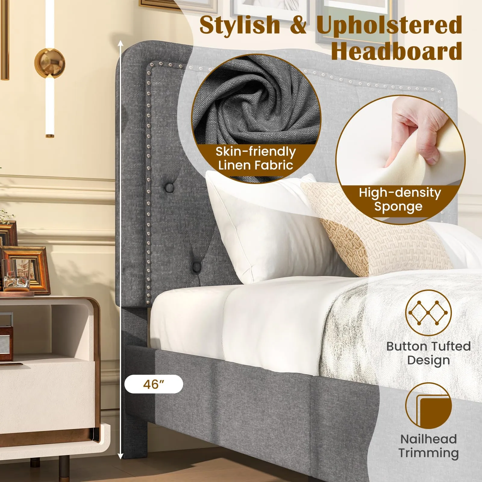 Giantex Twin Size Bed Frame, Modern Linen Upholstered Platform Bed w/ 46" Tall Button Tufted Headboard