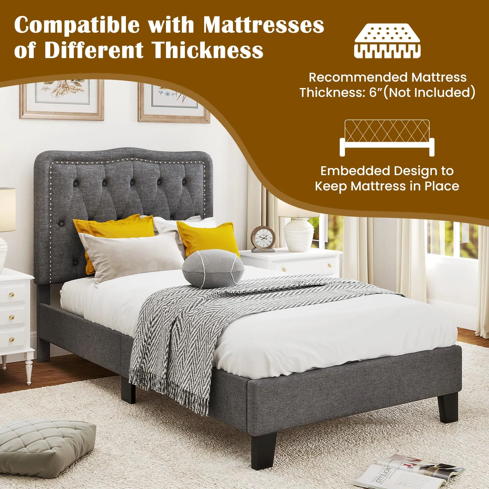Giantex Twin Size Bed Frame, Modern Linen Upholstered Platform Bed w/ 46" Tall Button Tufted Headboard