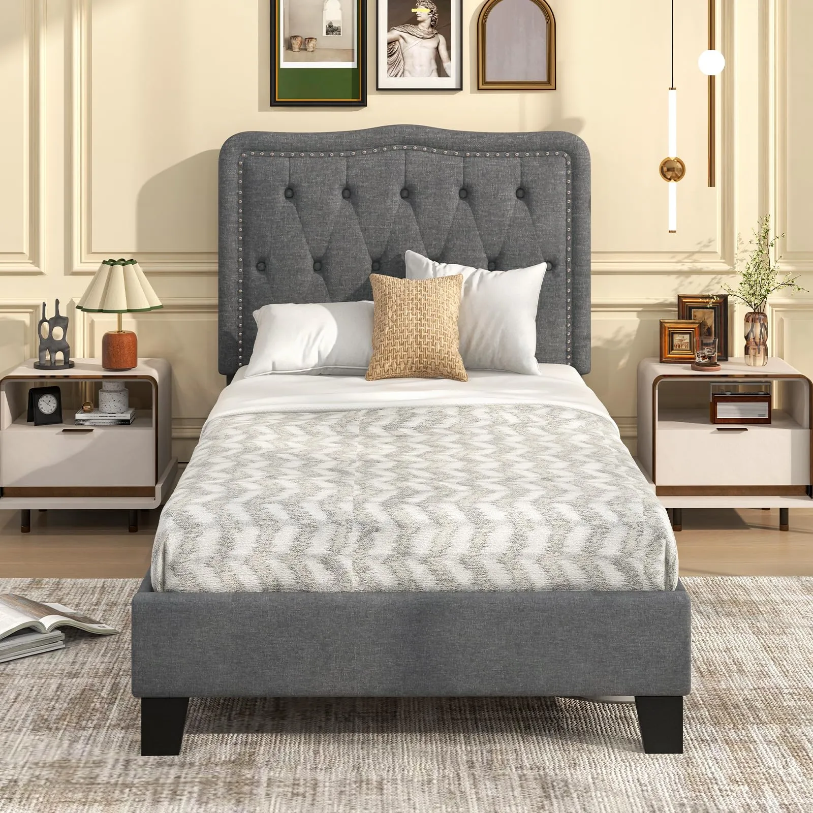 Giantex Twin Size Bed Frame, Modern Linen Upholstered Platform Bed w/ 46" Tall Button Tufted Headboard