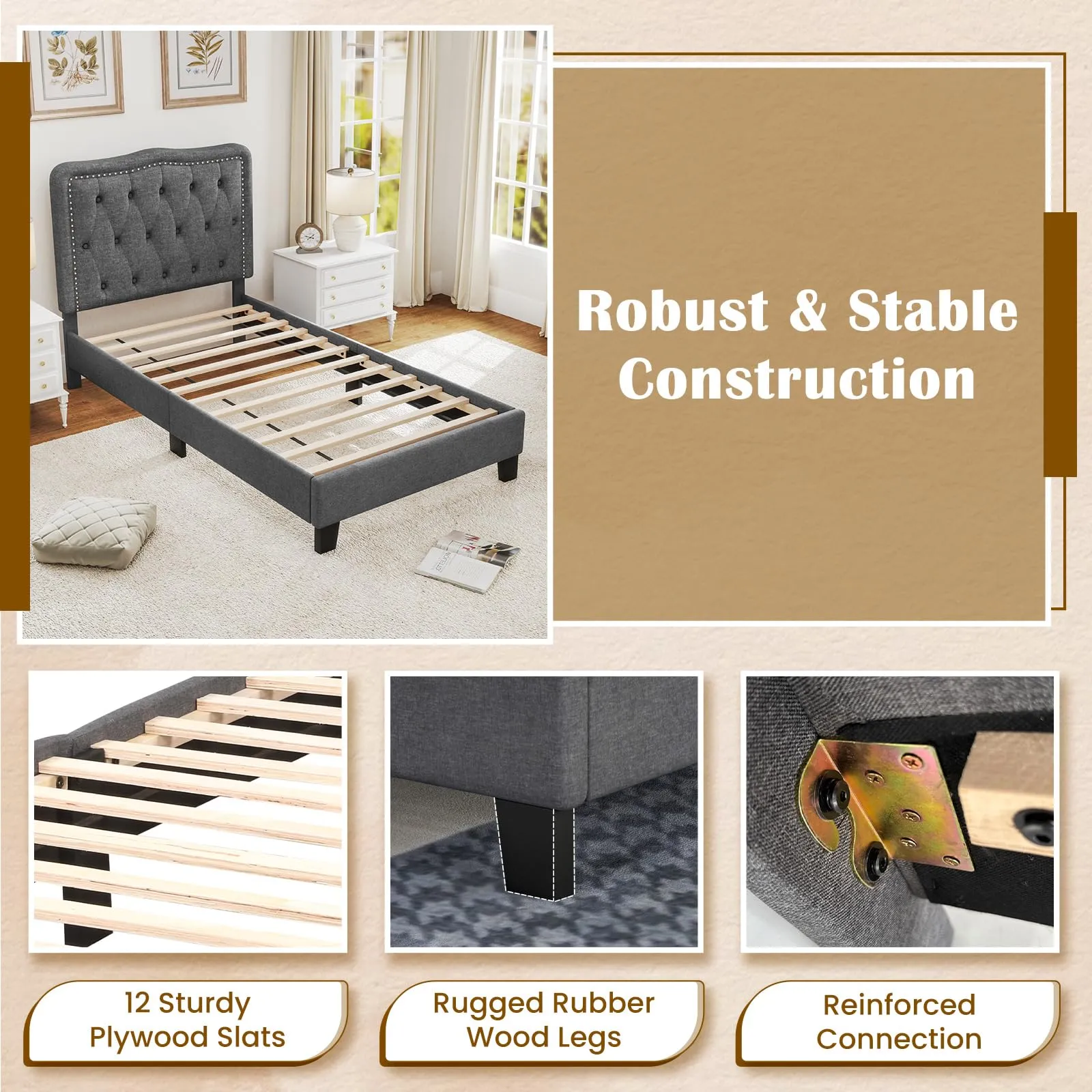 Giantex Twin Size Bed Frame, Modern Linen Upholstered Platform Bed w/ 46" Tall Button Tufted Headboard