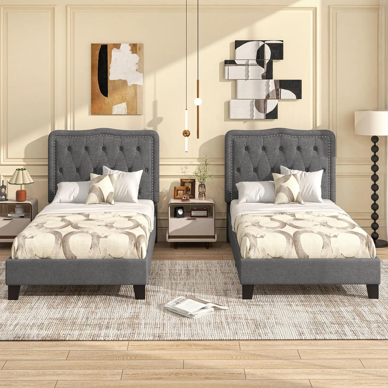 Giantex Twin Size Bed Frame, Modern Linen Upholstered Platform Bed w/ 46" Tall Button Tufted Headboard