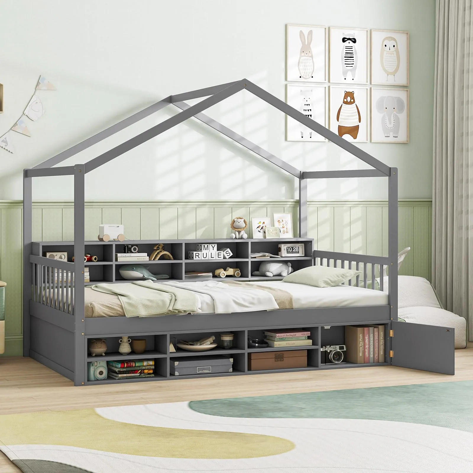 Giantex Twin Size House Bed with Storage, Wooden Montessori House Bed with 14 Storage Cubes