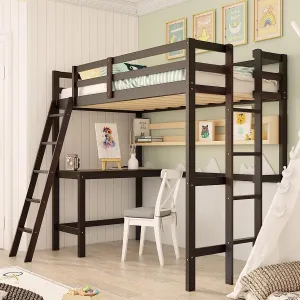 Giantex Twin Size Loft Bed with Desk, Solid Wood Loft Bed with 2 Ladders & Full Length Guardrail bed frame, queen bed