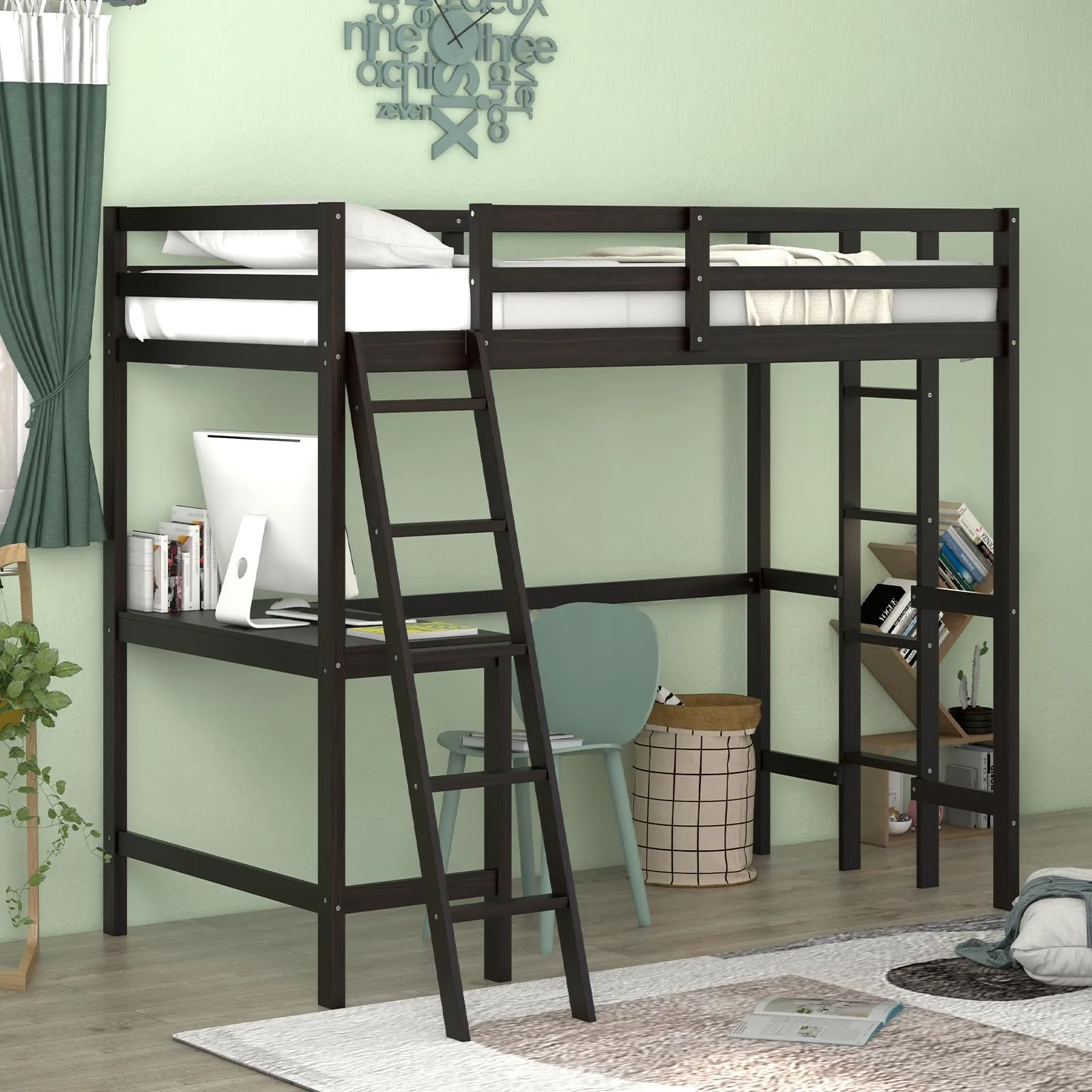 Giantex Twin Size Loft Bed with Desk, Solid Wood Loft Bed with 2 Ladders & Full Length Guardrail
