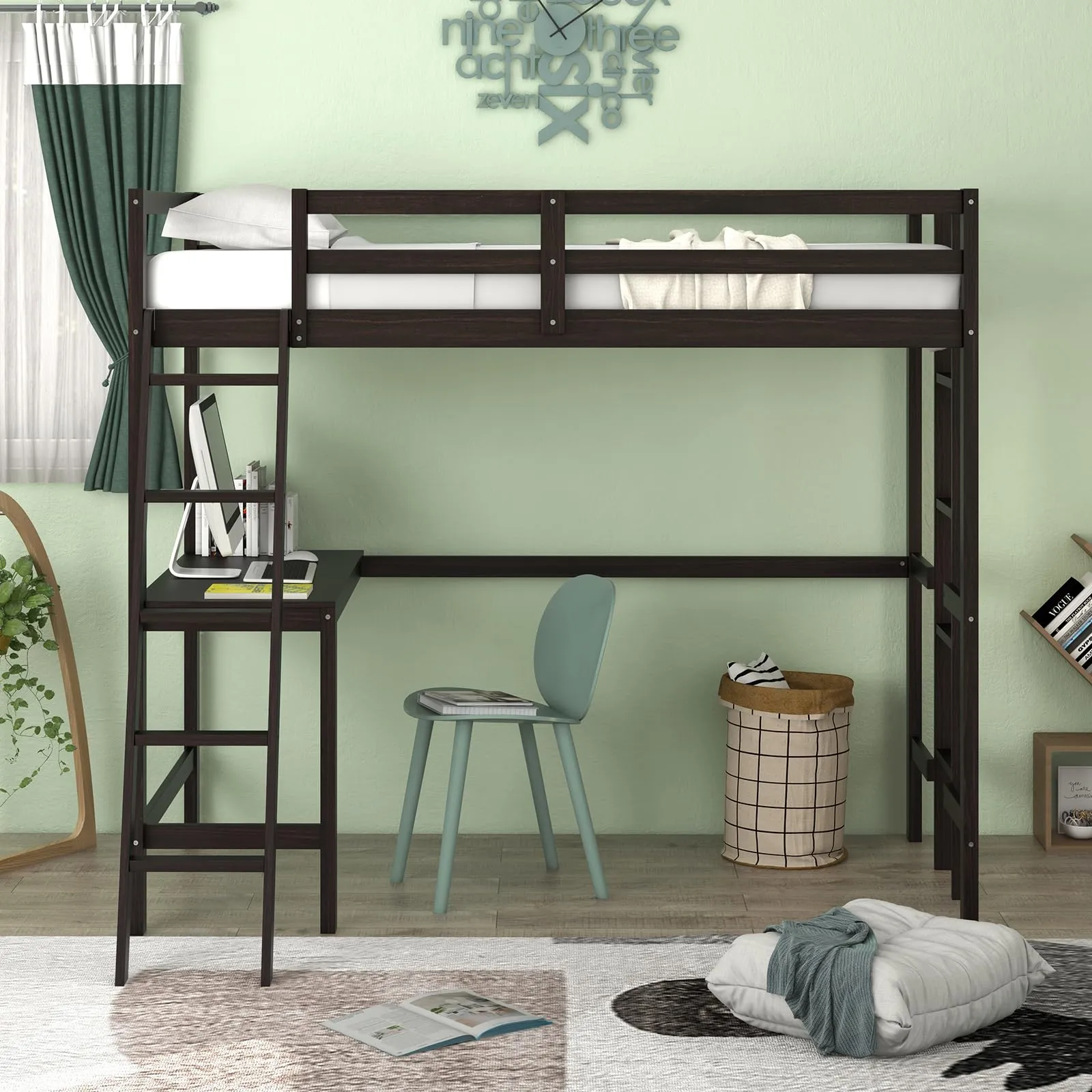 Giantex Twin Size Loft Bed with Desk, Solid Wood Loft Bed with 2 Ladders & Full Length Guardrail