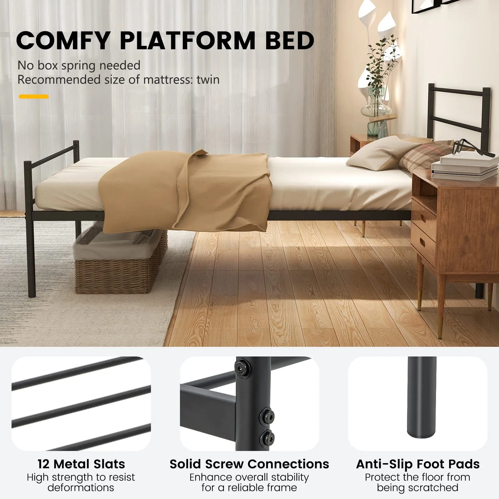 Giantex Twin Size Metal Bed Frame with Headboard & Footboard, 13.5 Inch Platform Bed Frame