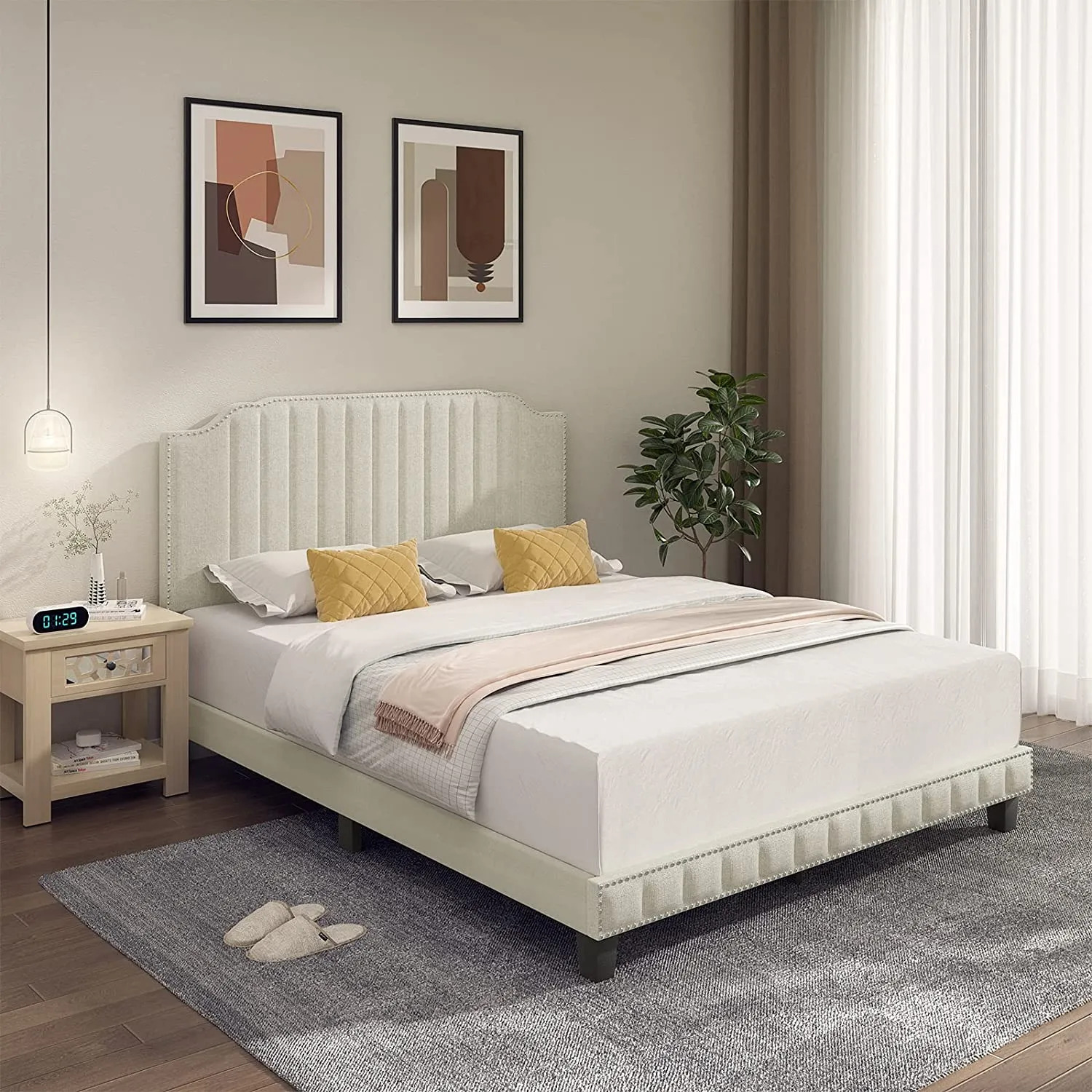 Giantex Upholstered Bed Frame, Linen Platform Bed w/Rivet Headboard, Heavy Duty Mattress Foundation