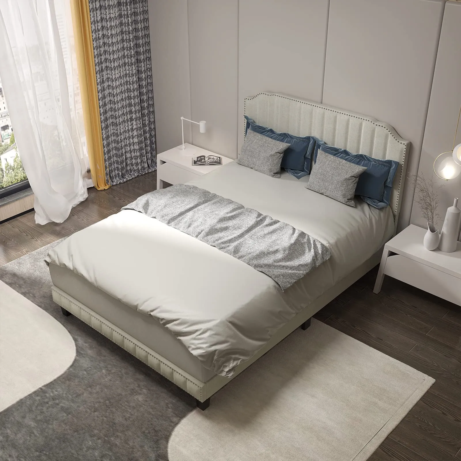 Giantex Upholstered Bed Frame, Linen Platform Bed w/Rivet Headboard, Heavy Duty Mattress Foundation