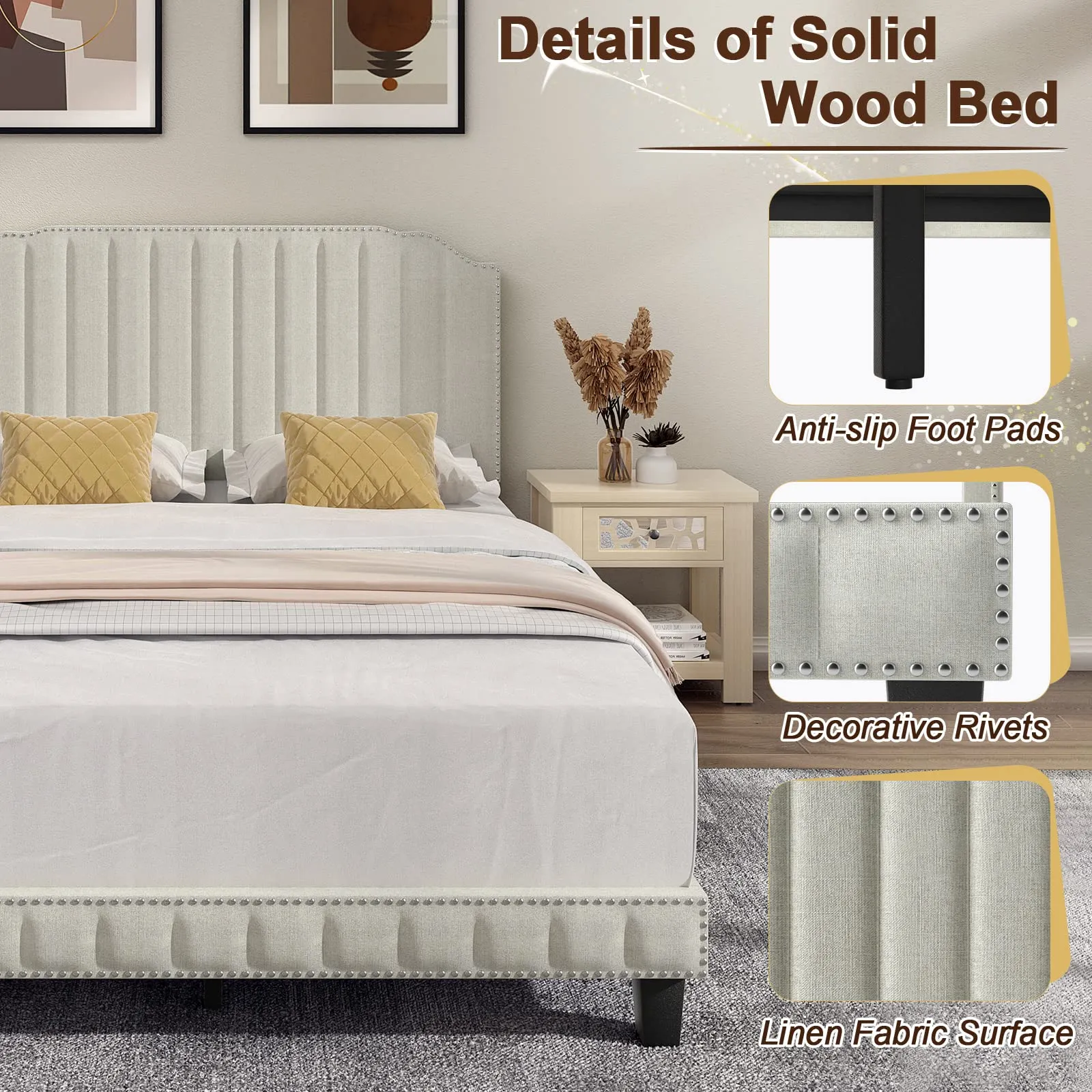 Giantex Upholstered Bed Frame, Linen Platform Bed w/Rivet Headboard, Heavy Duty Mattress Foundation
