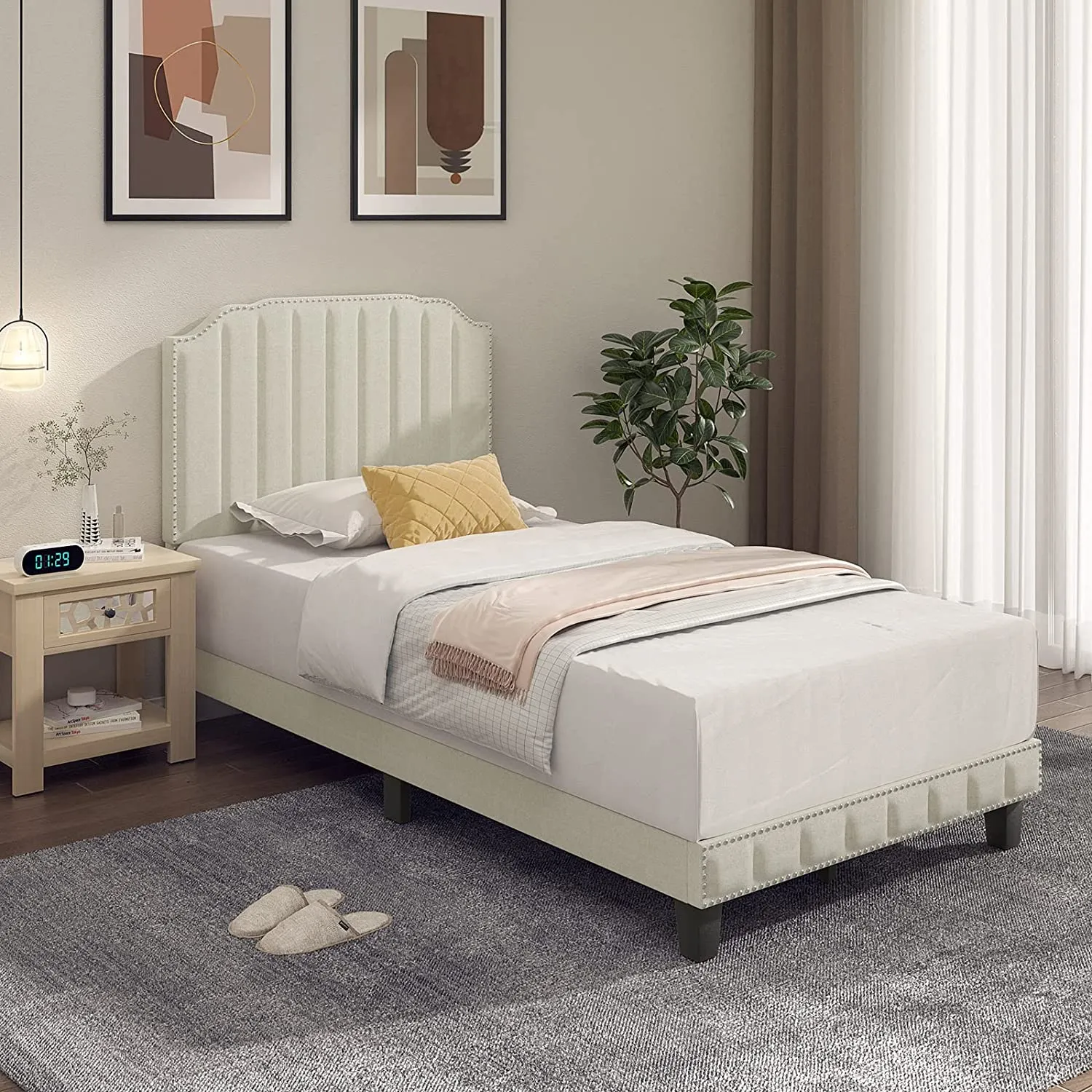 Giantex Upholstered Bed Frame, Linen Platform Bed w/Rivet Headboard, Heavy Duty Mattress Foundation