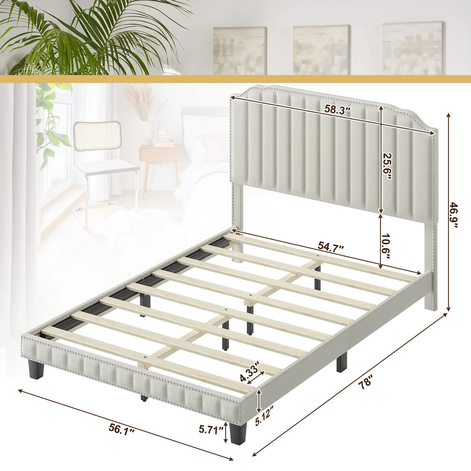 Giantex Upholstered Bed Frame, Linen Platform Bed w/Rivet Headboard, Heavy Duty Mattress Foundation