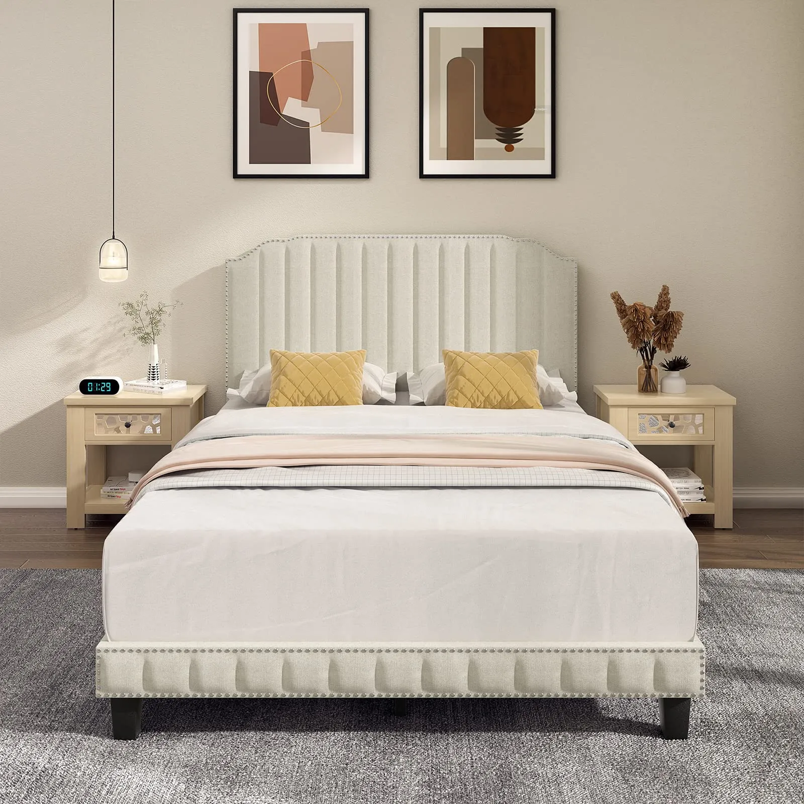 Giantex Upholstered Bed Frame, Linen Platform Bed w/Rivet Headboard, Heavy Duty Mattress Foundation