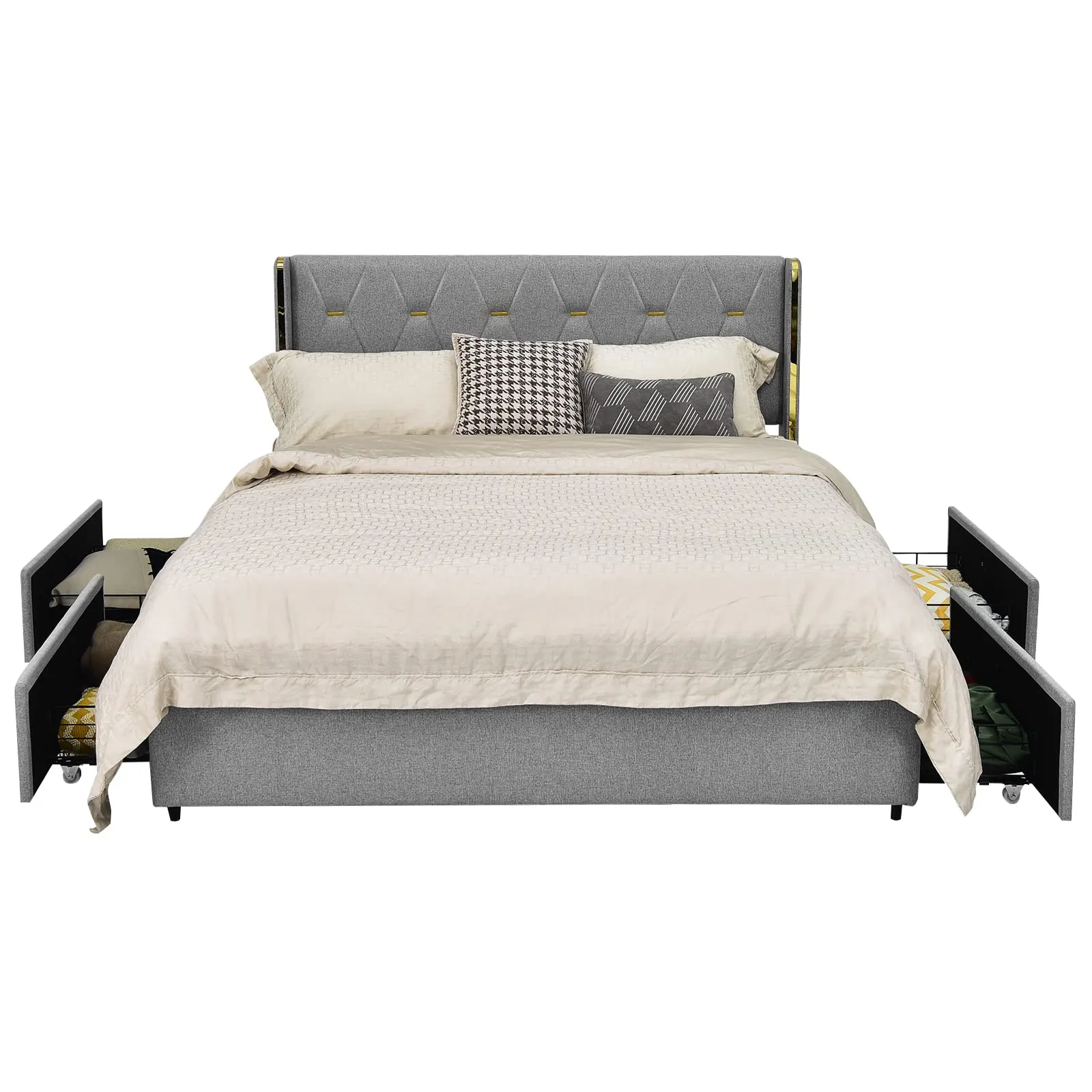 Giantex Upholstered Bed Frame with 4 Drawers