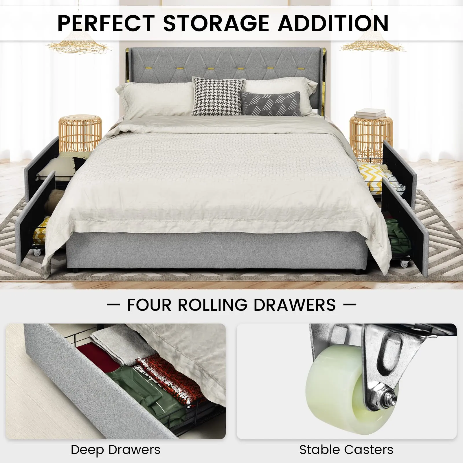 Giantex Upholstered Bed Frame with 4 Drawers
