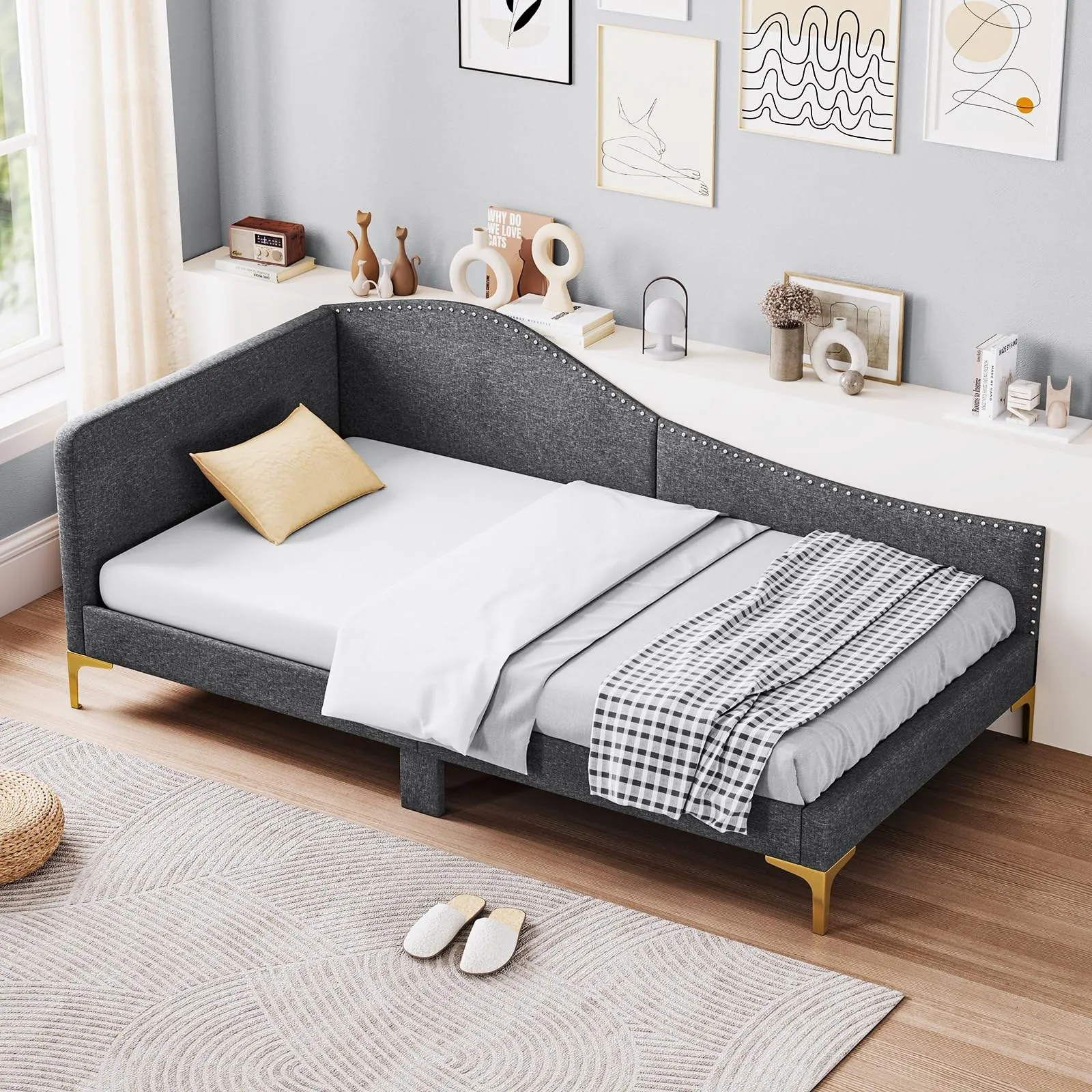Giantex Upholstered Daybed, Rivet-Tufted Platform Bed with Headboard