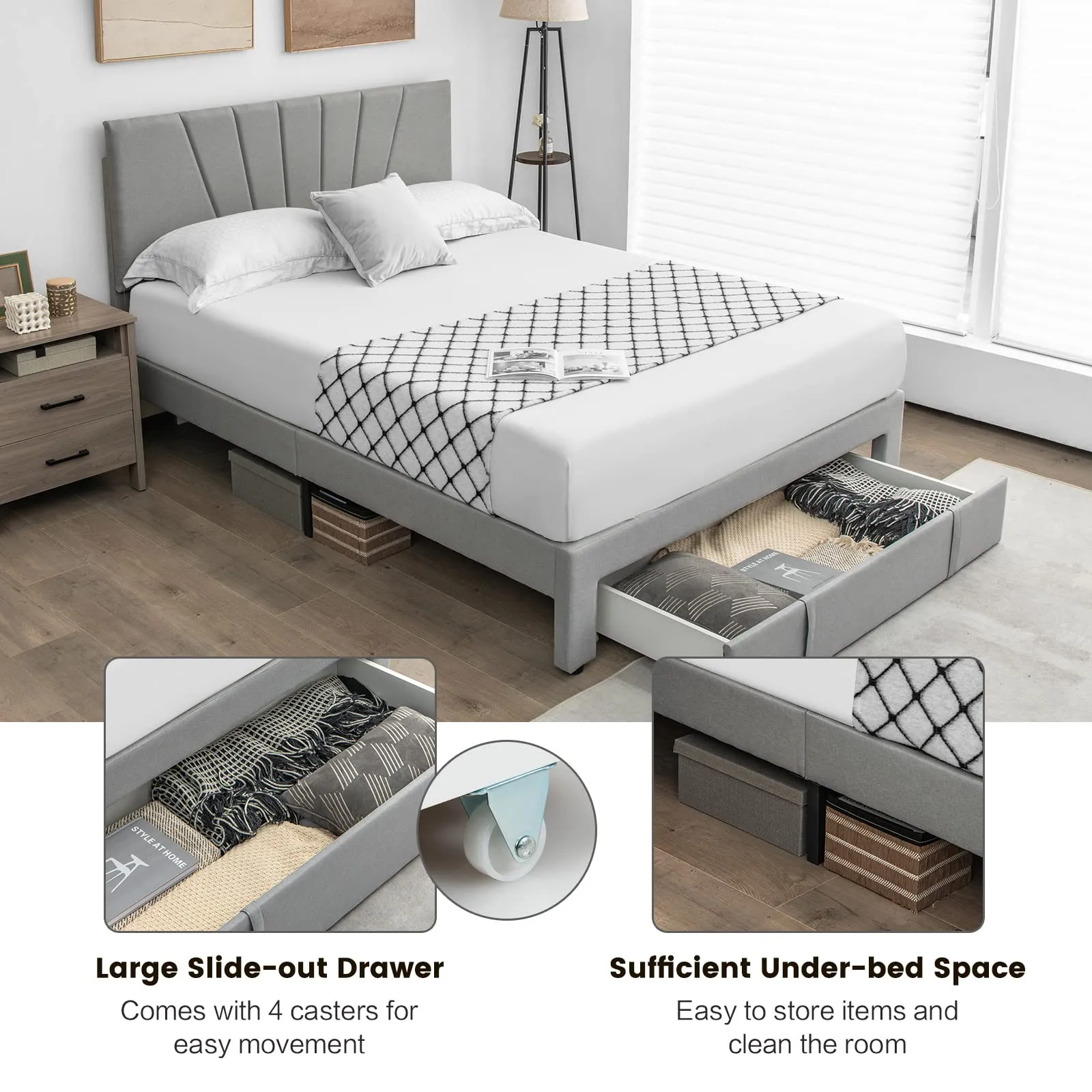 Giantex Upholstered Queen Bed Frame with Drawer, Modern Platform Bed with Storage & Adjustable Headboard