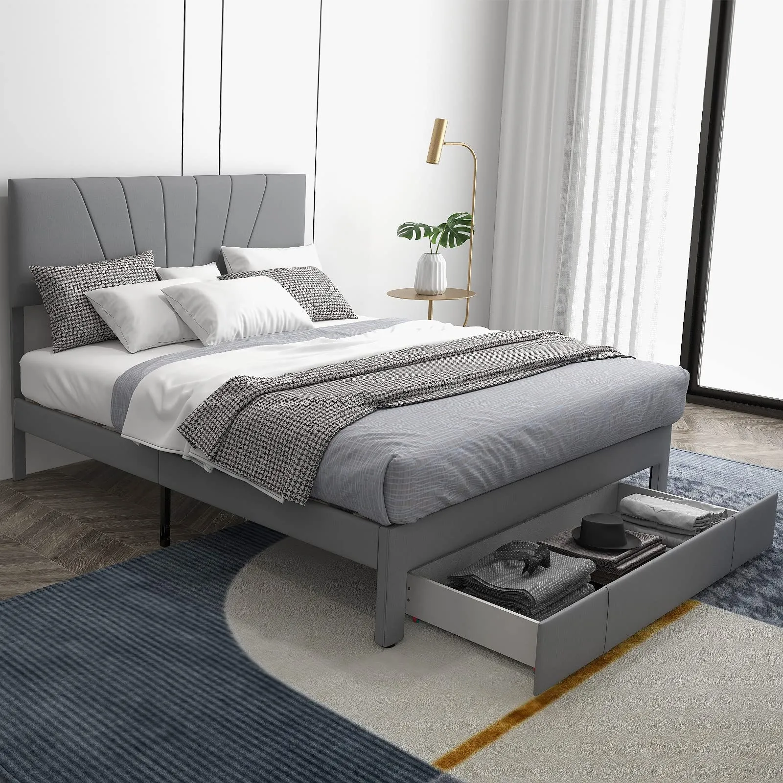 Giantex Upholstered Queen Bed Frame with Drawer, Modern Platform Bed with Storage & Adjustable Headboard bed frame, queen bed