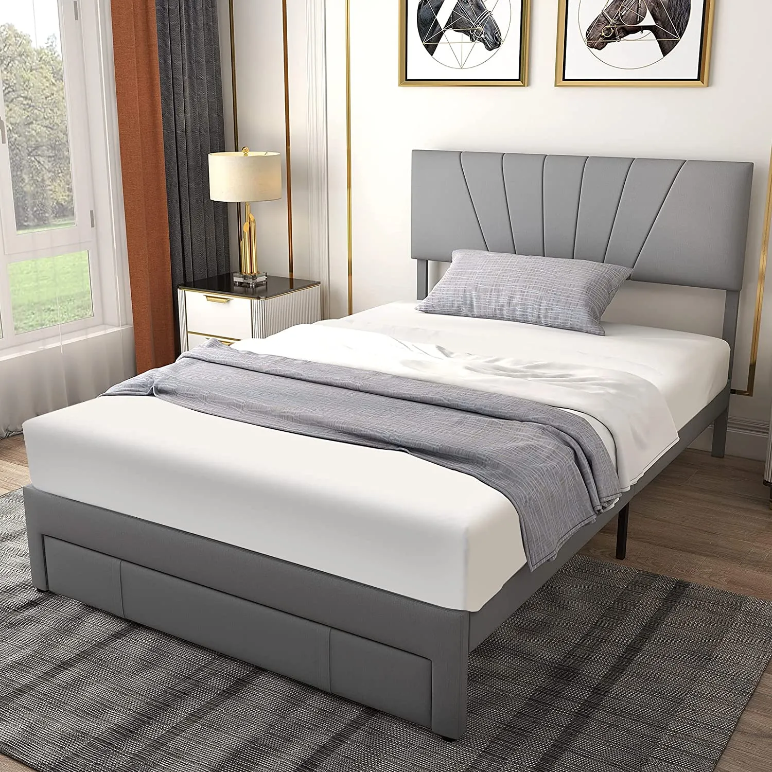 Giantex Upholstered Queen Bed Frame with Drawer, Modern Platform Bed with Storage & Adjustable Headboard