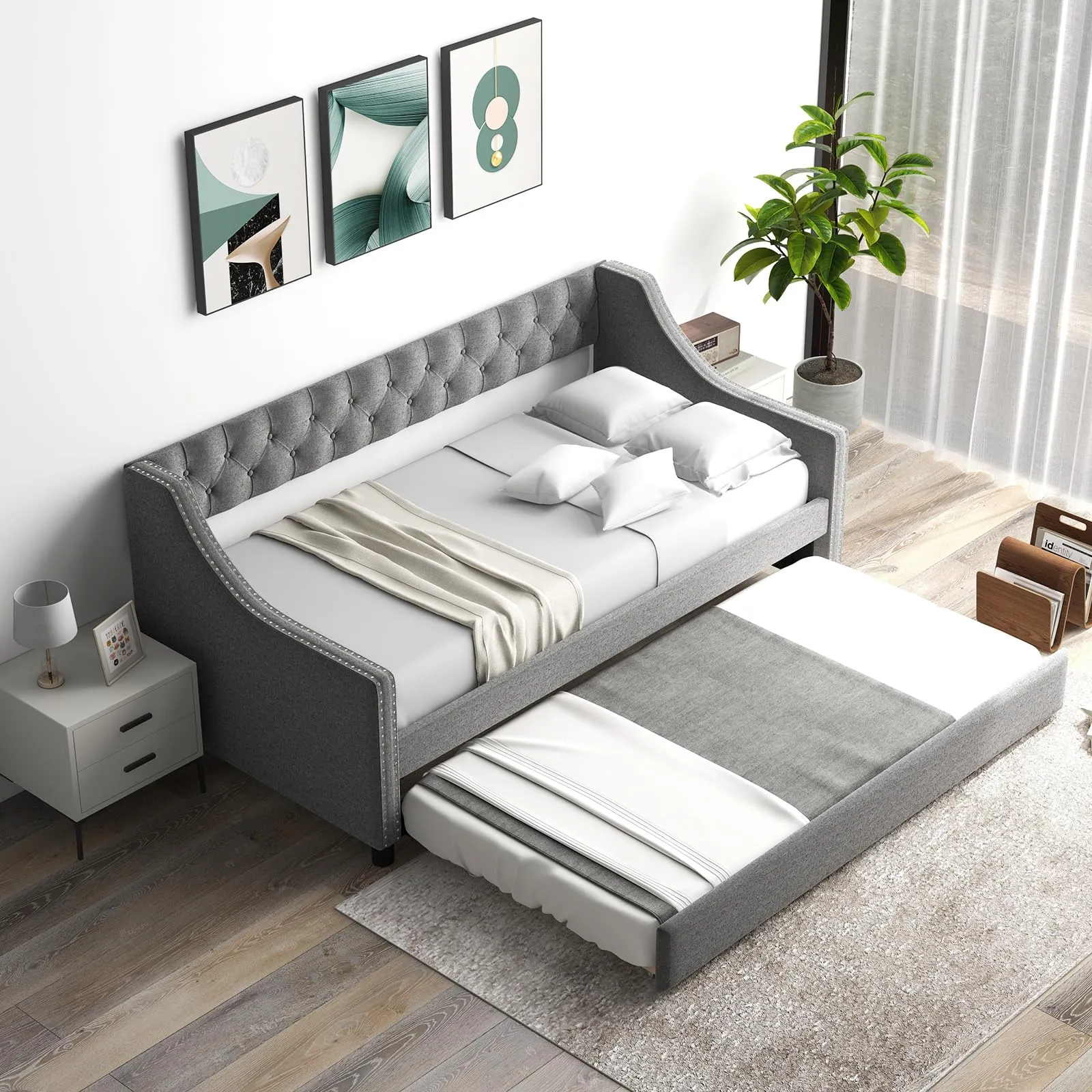 Giantex Upholstered Twin Daybed with Trundle