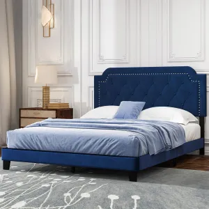 Giantex Velvet Queen Size Bed Frame, Upholstered Platform Bed with Button Tufted & Nailhead Trim Headboard bed frame, queen bed