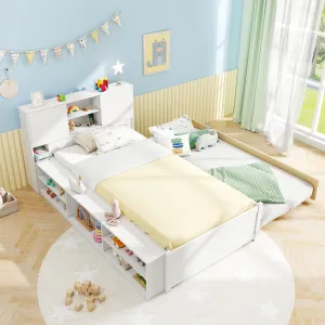Giantex White Twin Size Bed Frame with Trundle and Bookcase Headboard bed frame, queen bed