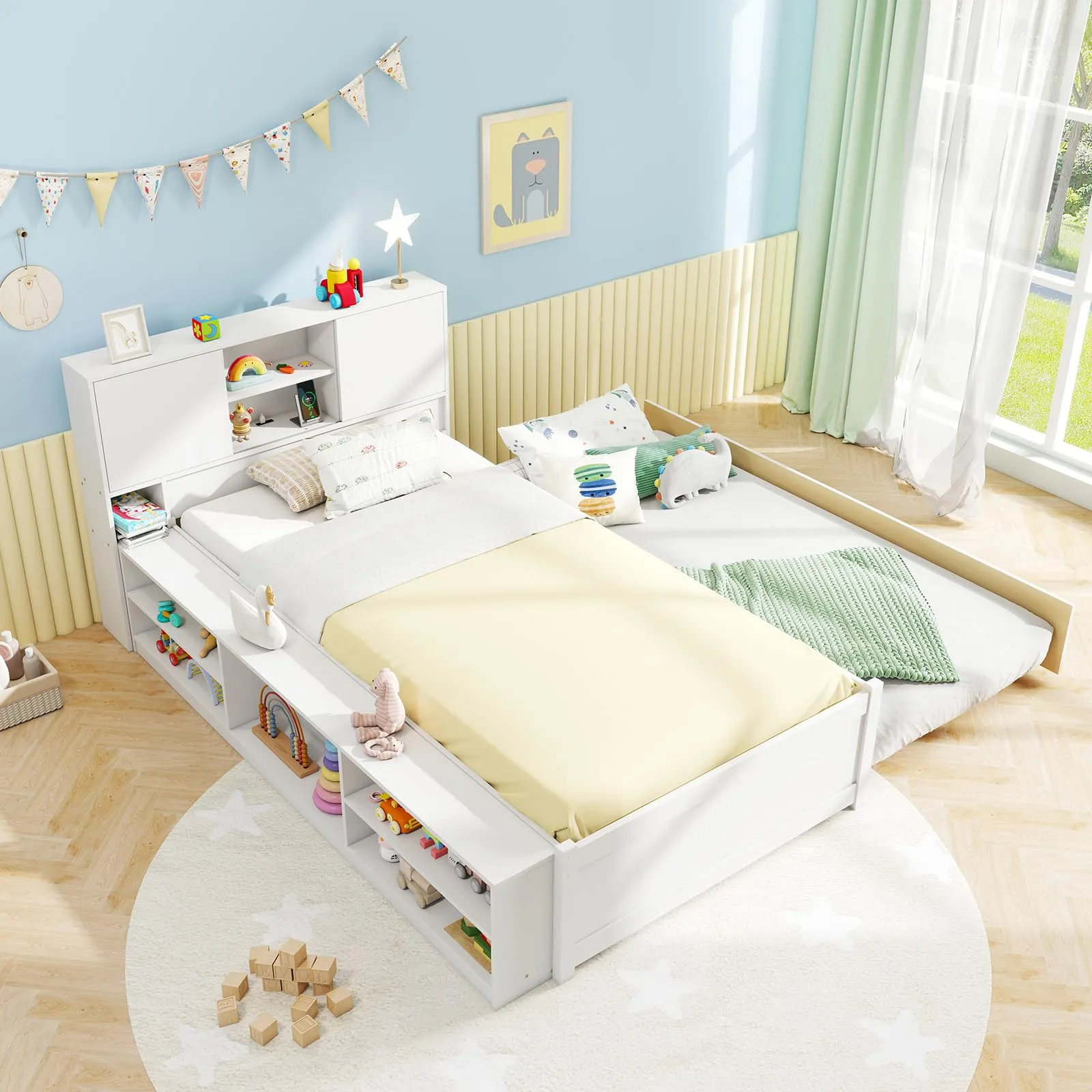 Giantex White Twin Size Bed Frame with Trundle and Bookcase Headboard bed frame, queen bed